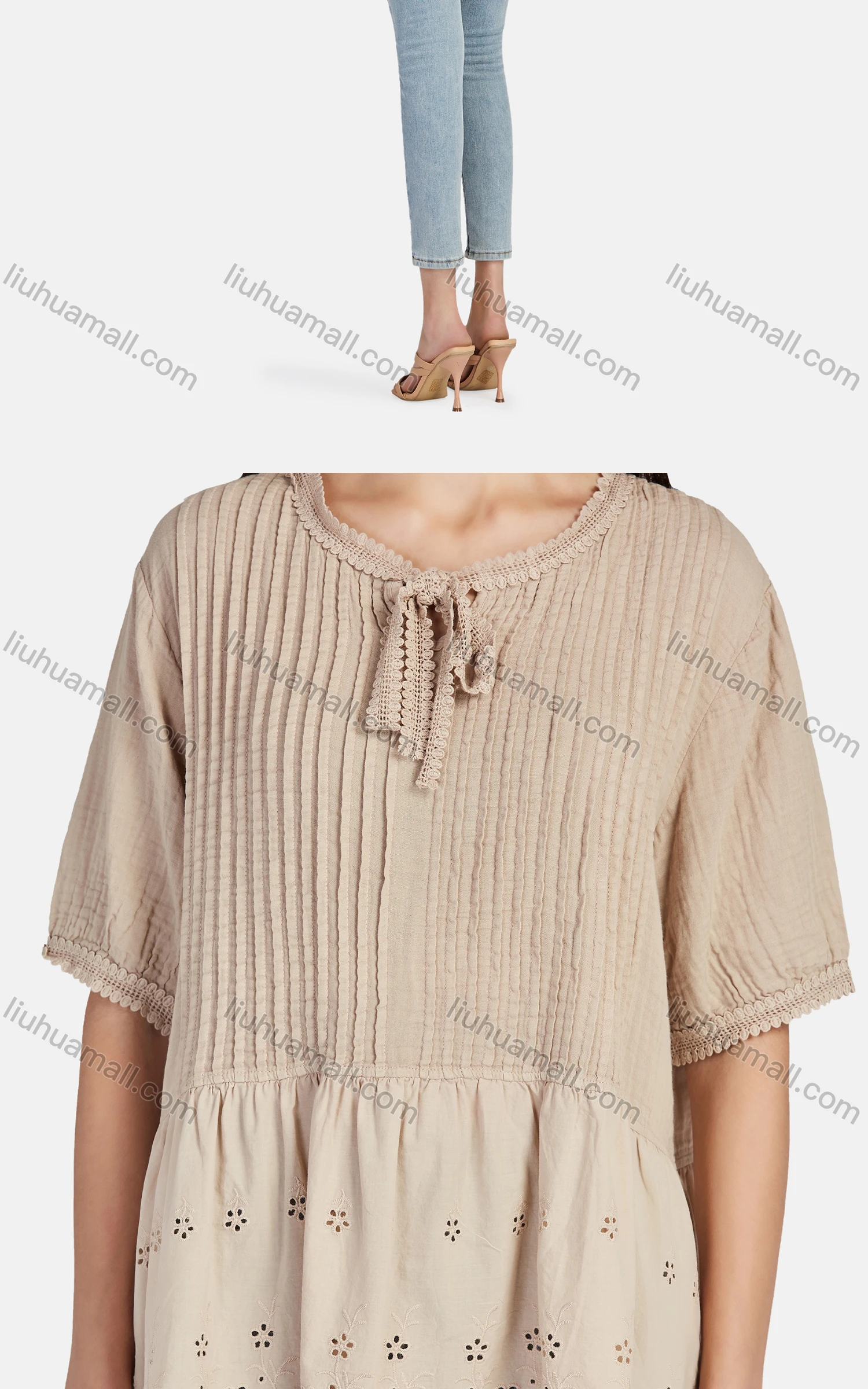 Wholesale Women's Casual Tie Neck Short Sleeve Ruched Eyelet Embroidered Blouse 66017# - Liuhuamall