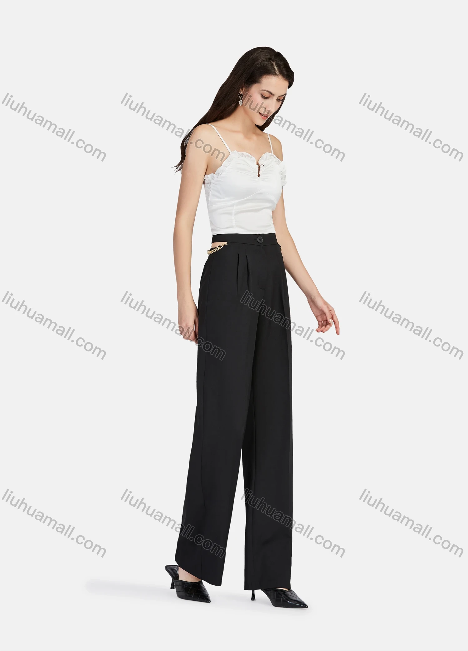 Wholesale Women's Elegant Plain High Waist Metal Chain Decor Button Closure Ankle Length Wide Leg Pants - Liuhuamall