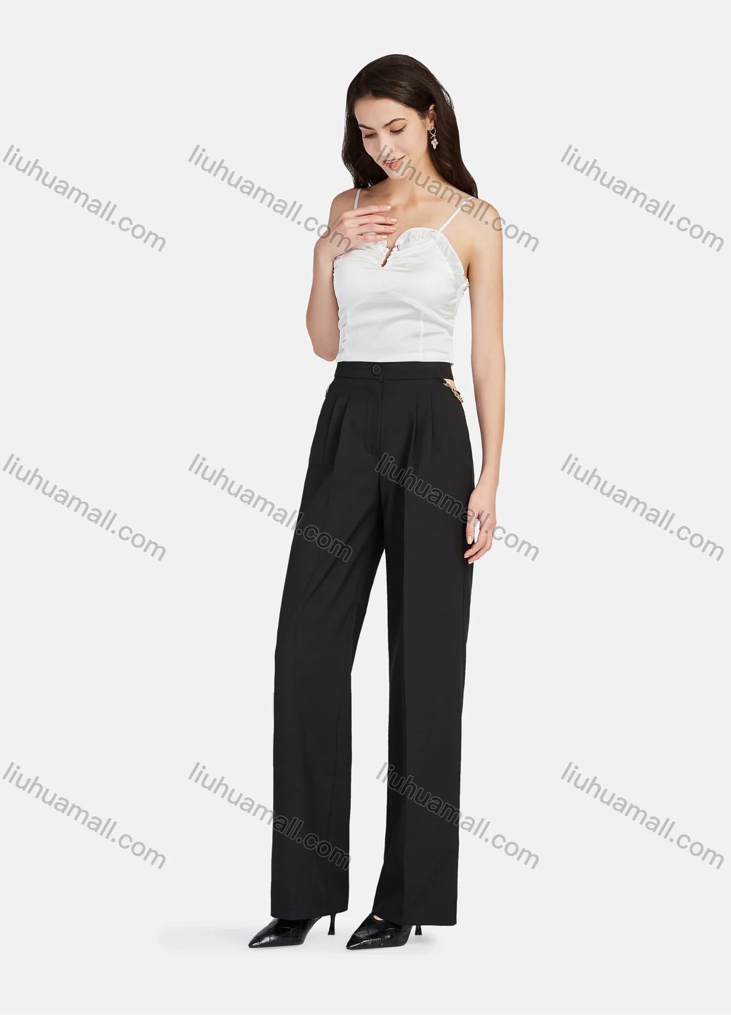Wholesale Women's Elegant Plain High Waist Metal Chain Decor Button Closure Ankle Length Wide Leg Pants - Liuhuamall