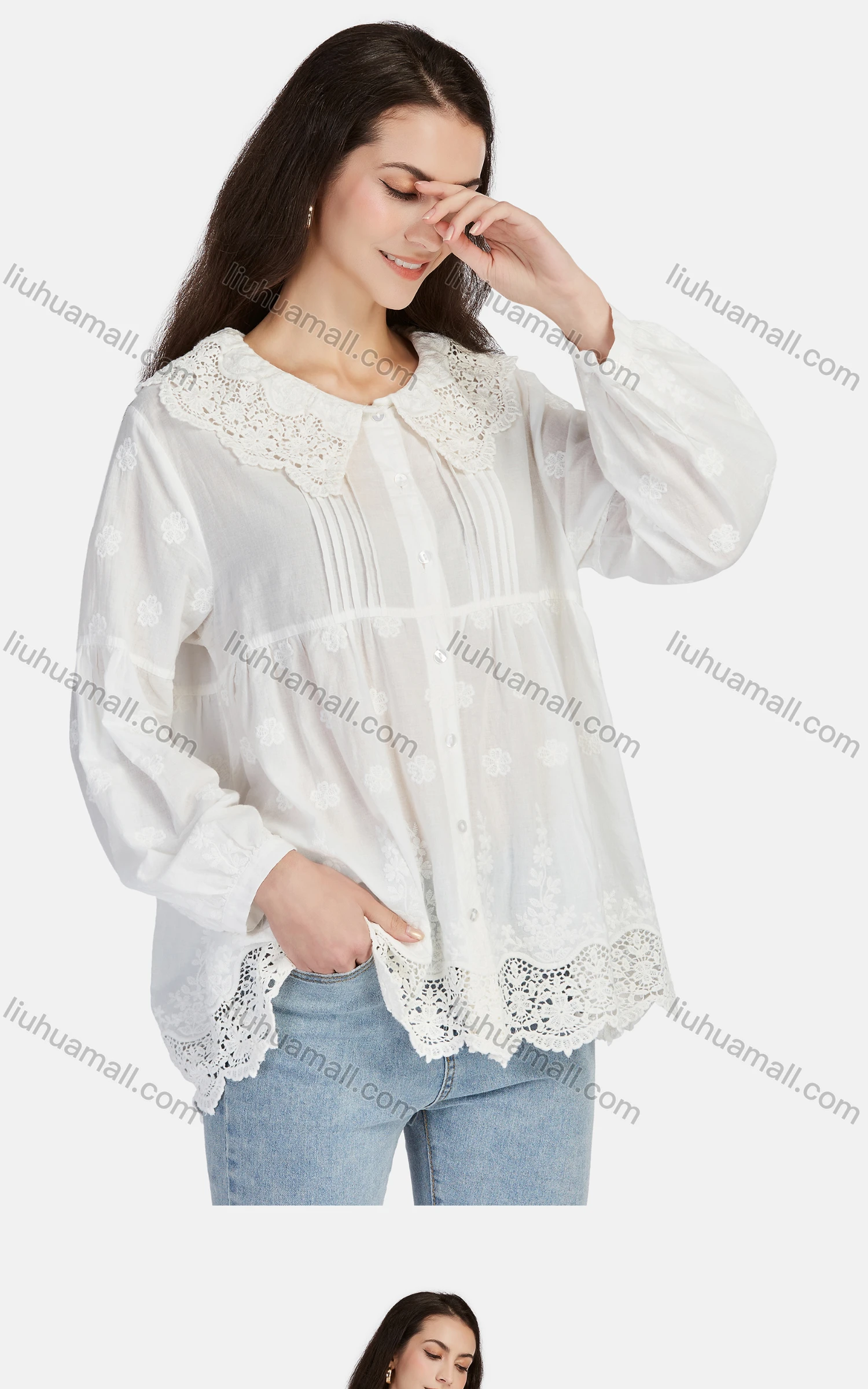 Wholesale Women's Casual Peter Pan Collar Button Down Embroidered Blouse 66620# - Liuhuamall