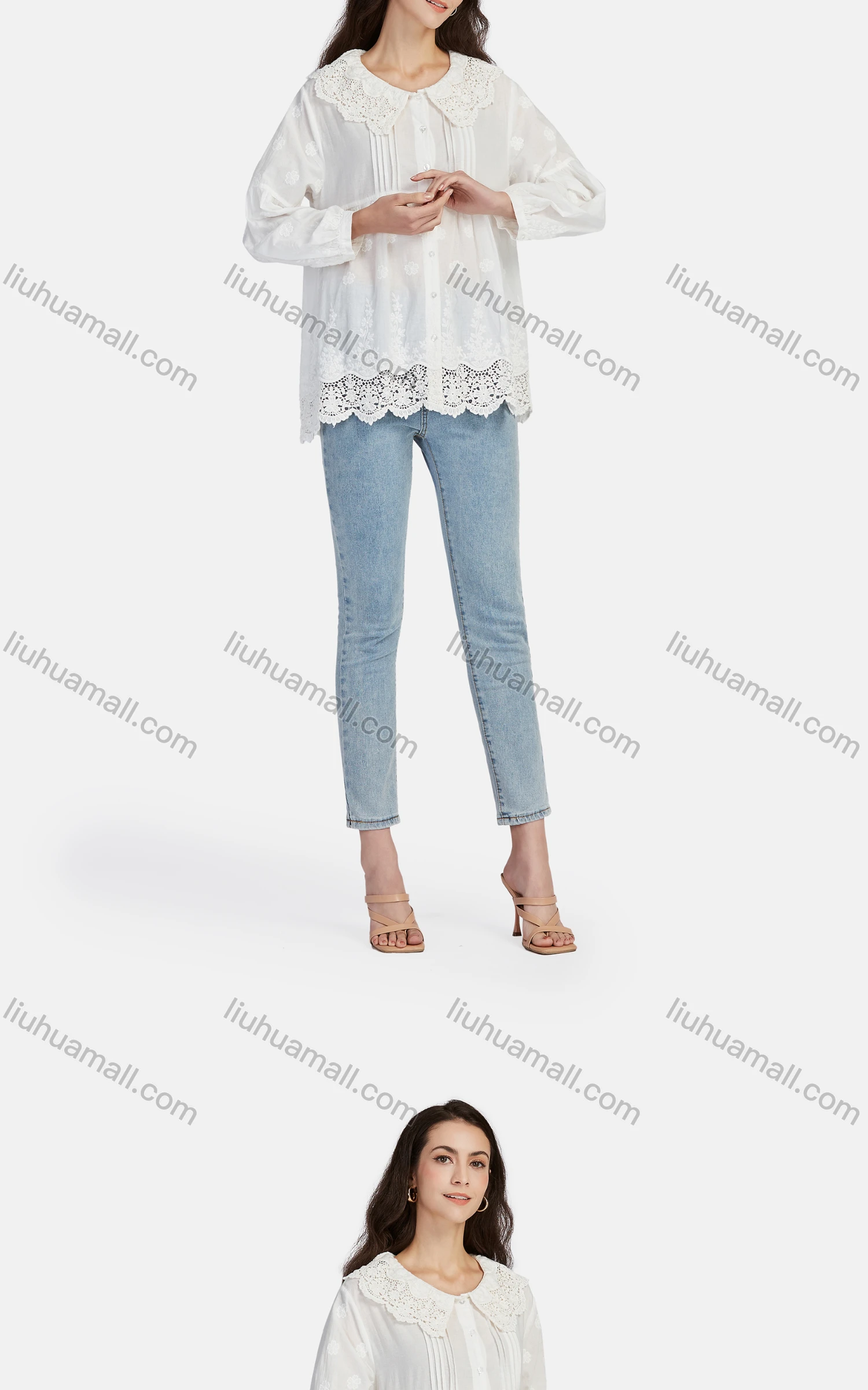 Wholesale Women's Casual Peter Pan Collar Button Down Embroidered Blouse 66620# - Liuhuamall