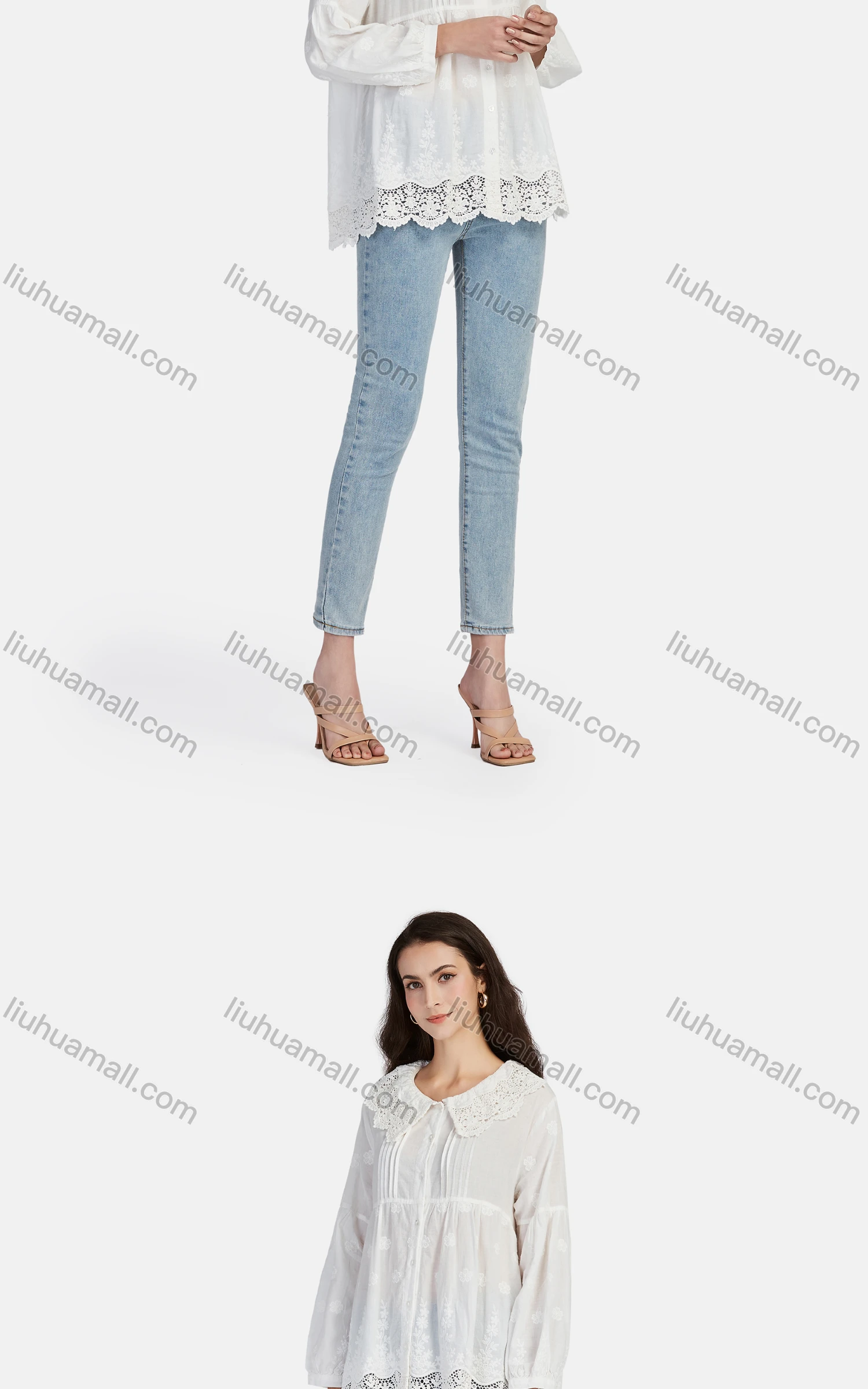 Wholesale Women's Casual Peter Pan Collar Button Down Embroidered Blouse 66620# - Liuhuamall