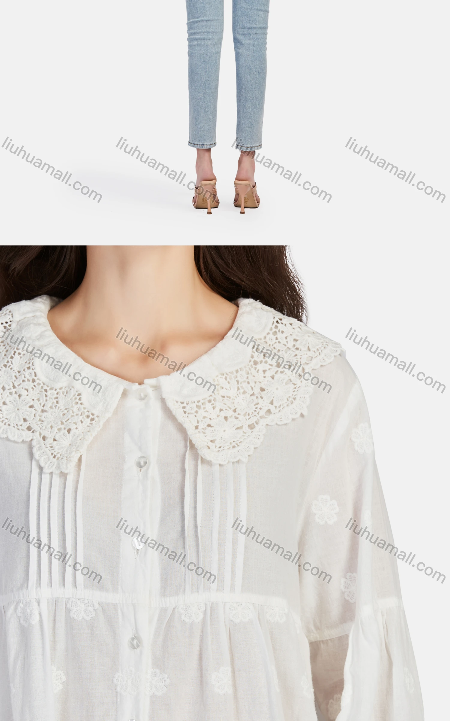 Wholesale Women's Casual Peter Pan Collar Button Down Embroidered Blouse 66620# - Liuhuamall