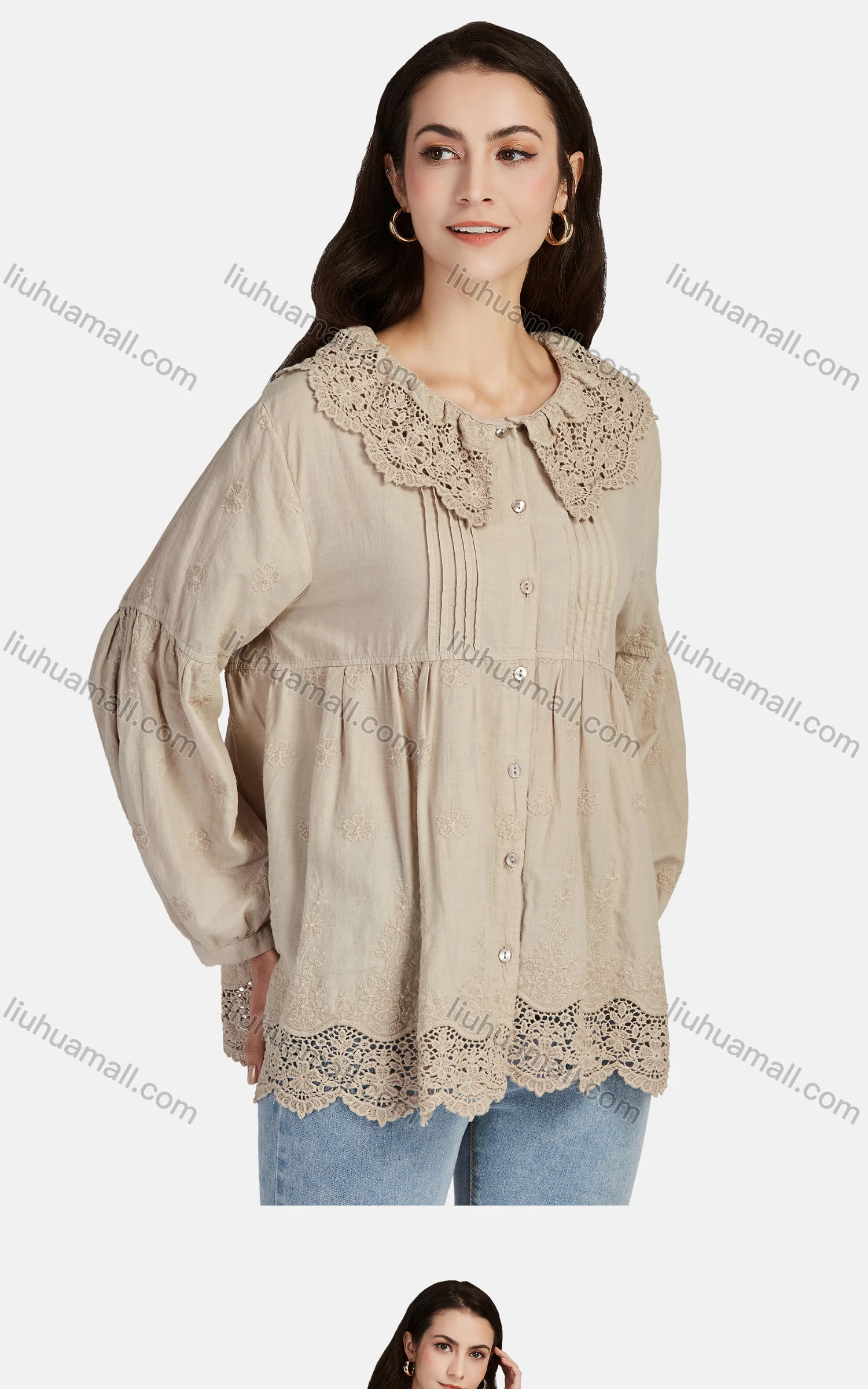 Wholesale Women's Casual Peter Pan Collar Button Down Embroidered Blouse 66620# - Liuhuamall