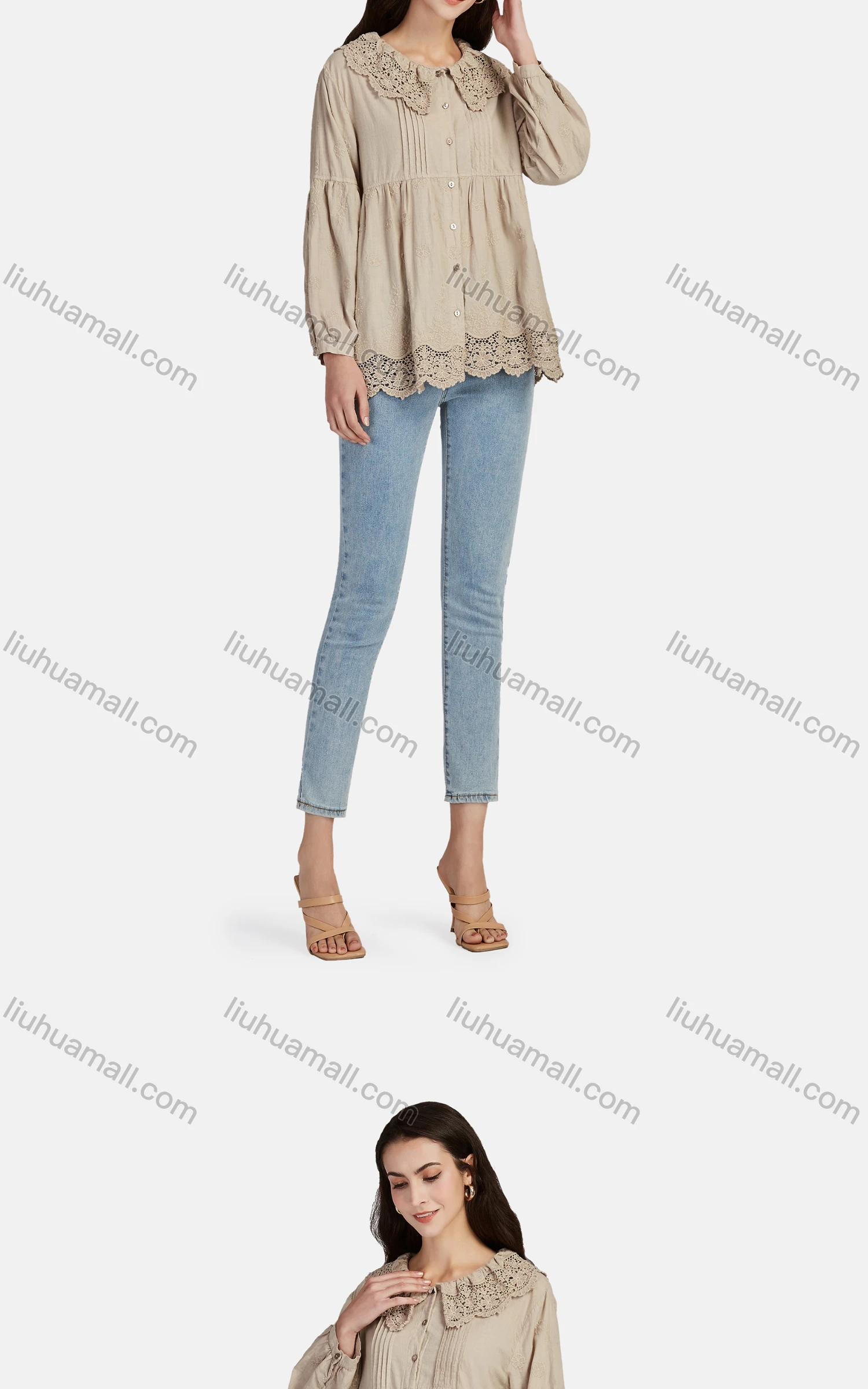 Wholesale Women's Casual Peter Pan Collar Button Down Embroidered Blouse 66620# - Liuhuamall