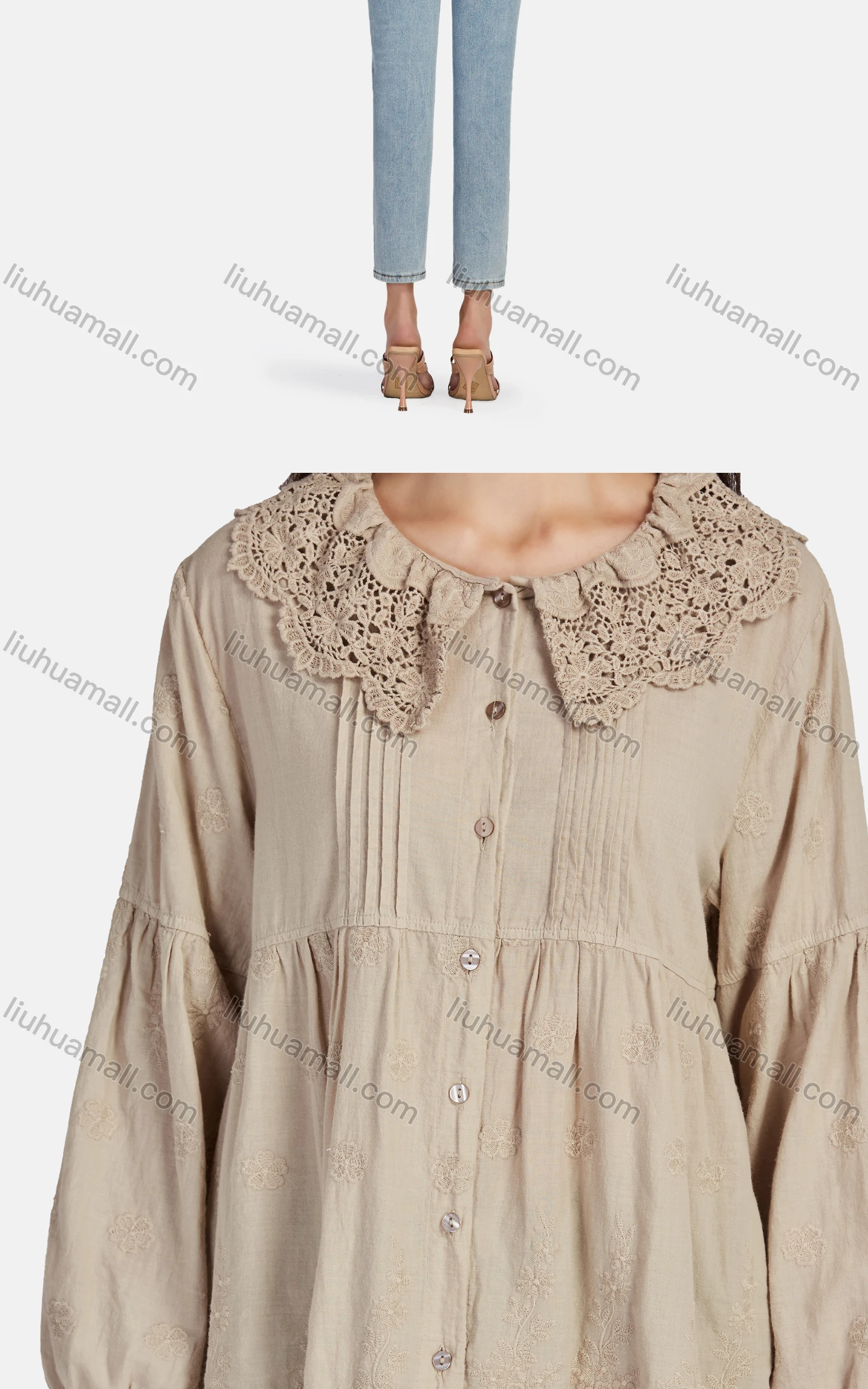 Wholesale Women's Casual Peter Pan Collar Button Down Embroidered Blouse 66620# - Liuhuamall