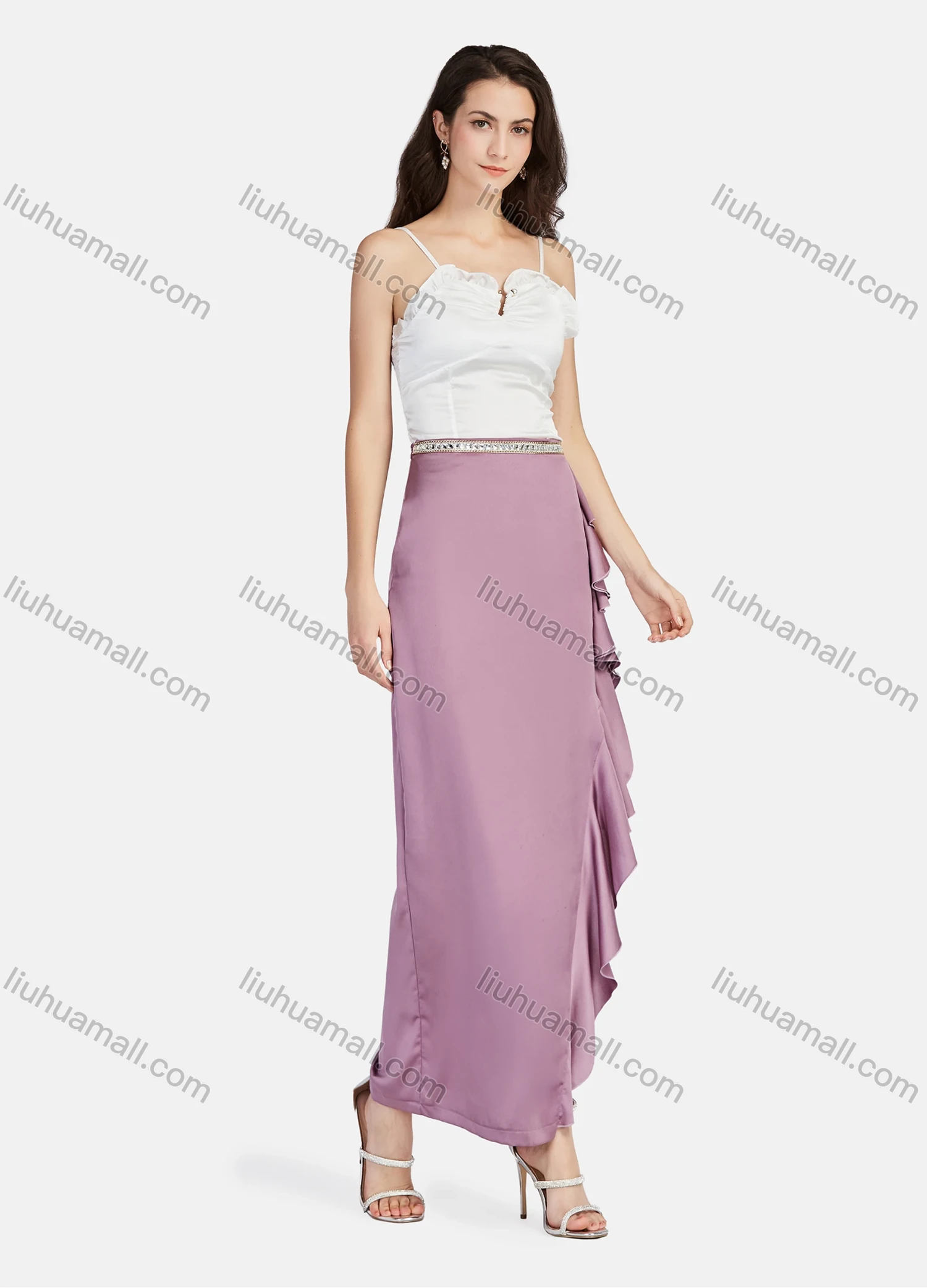 Wholesale Women's Elegant Plain High Waist Ruffle Trim Split Side Maxi Skirts - Liuhuamall