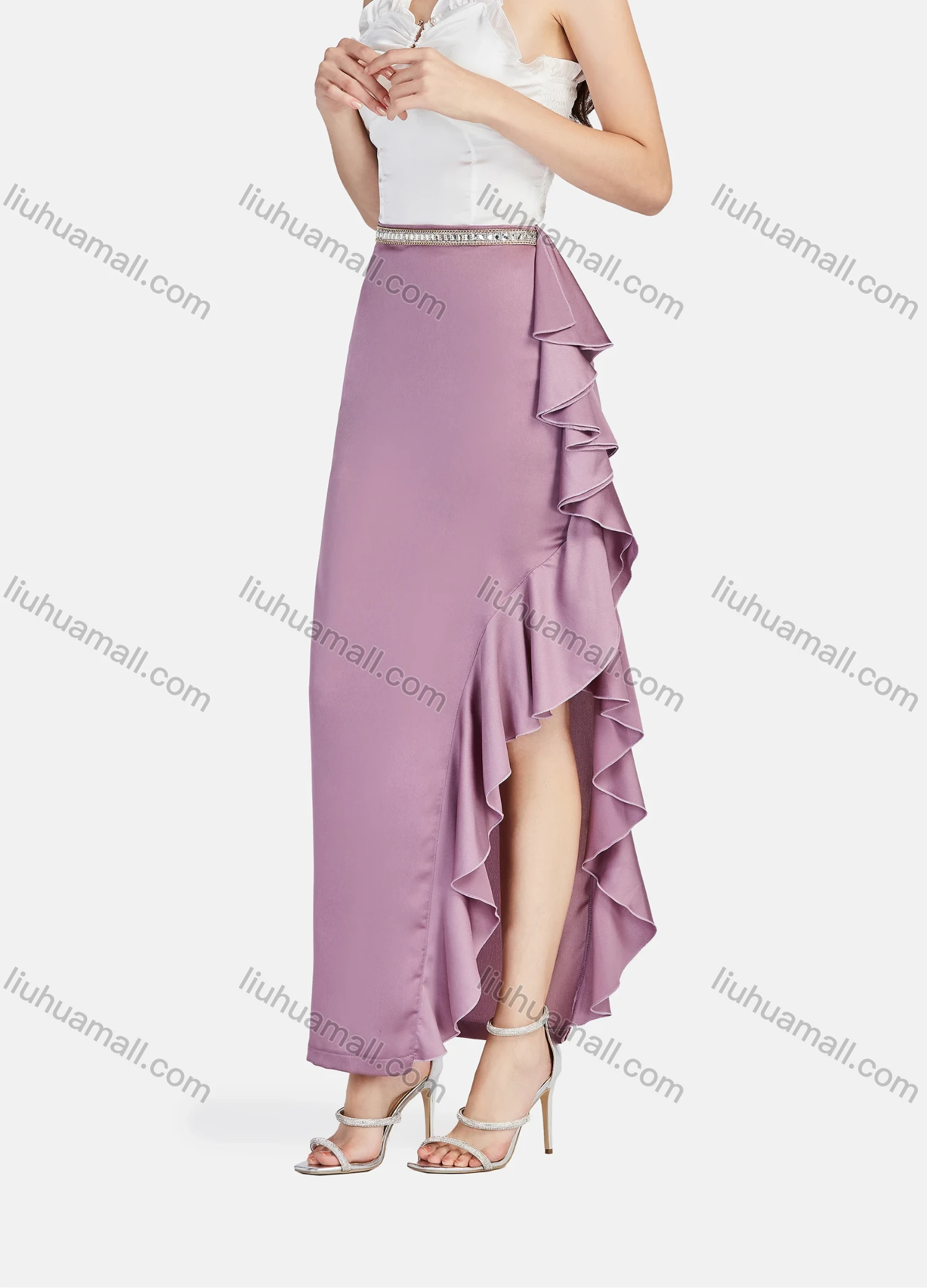 Wholesale Women's Elegant Plain High Waist Ruffle Trim Split Side Maxi Skirts - Liuhuamall