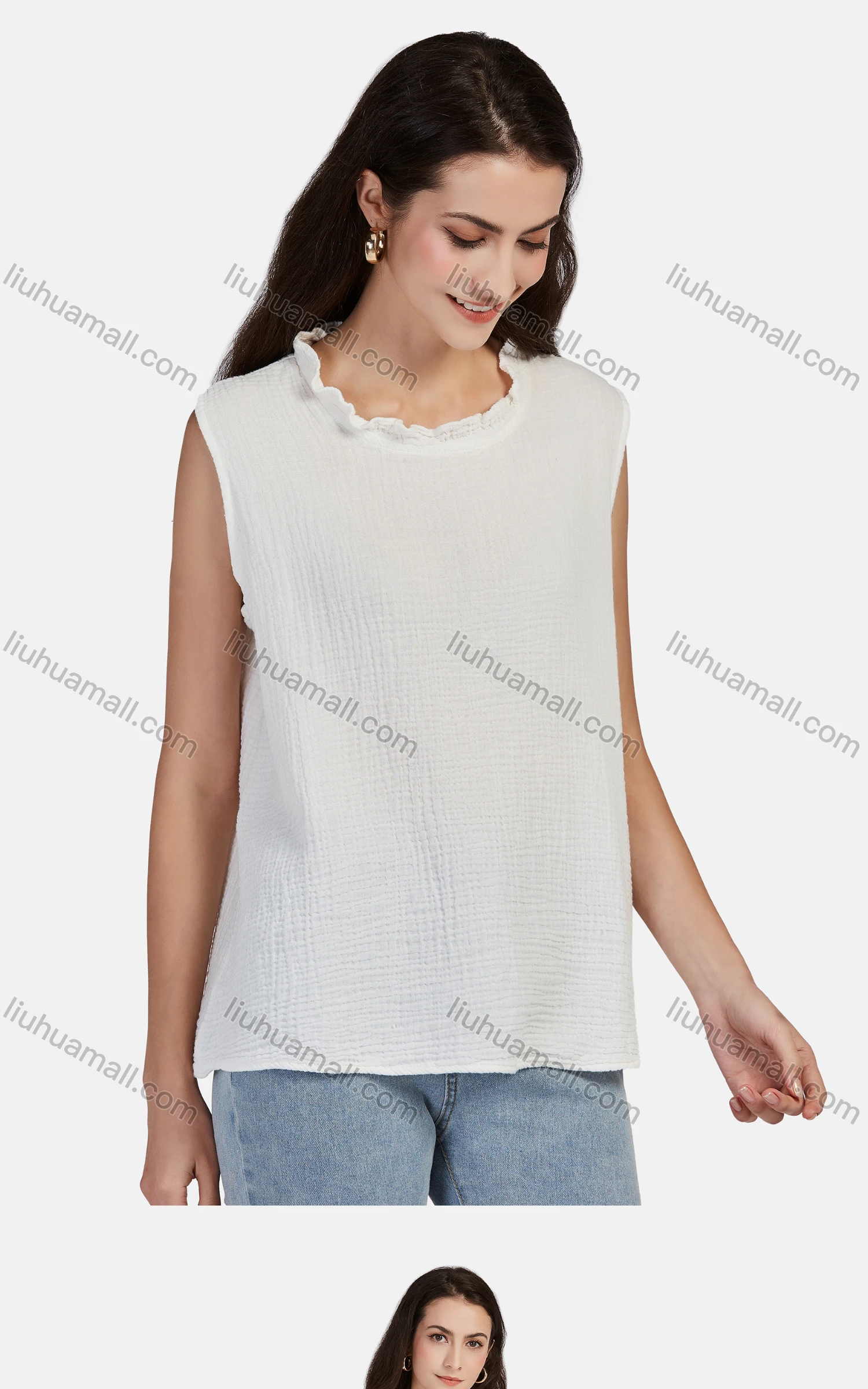 Wholesale Women's Casual Frill Neck Loose Fit Plain Frill Neck Tank Top 66491# - Liuhuamall