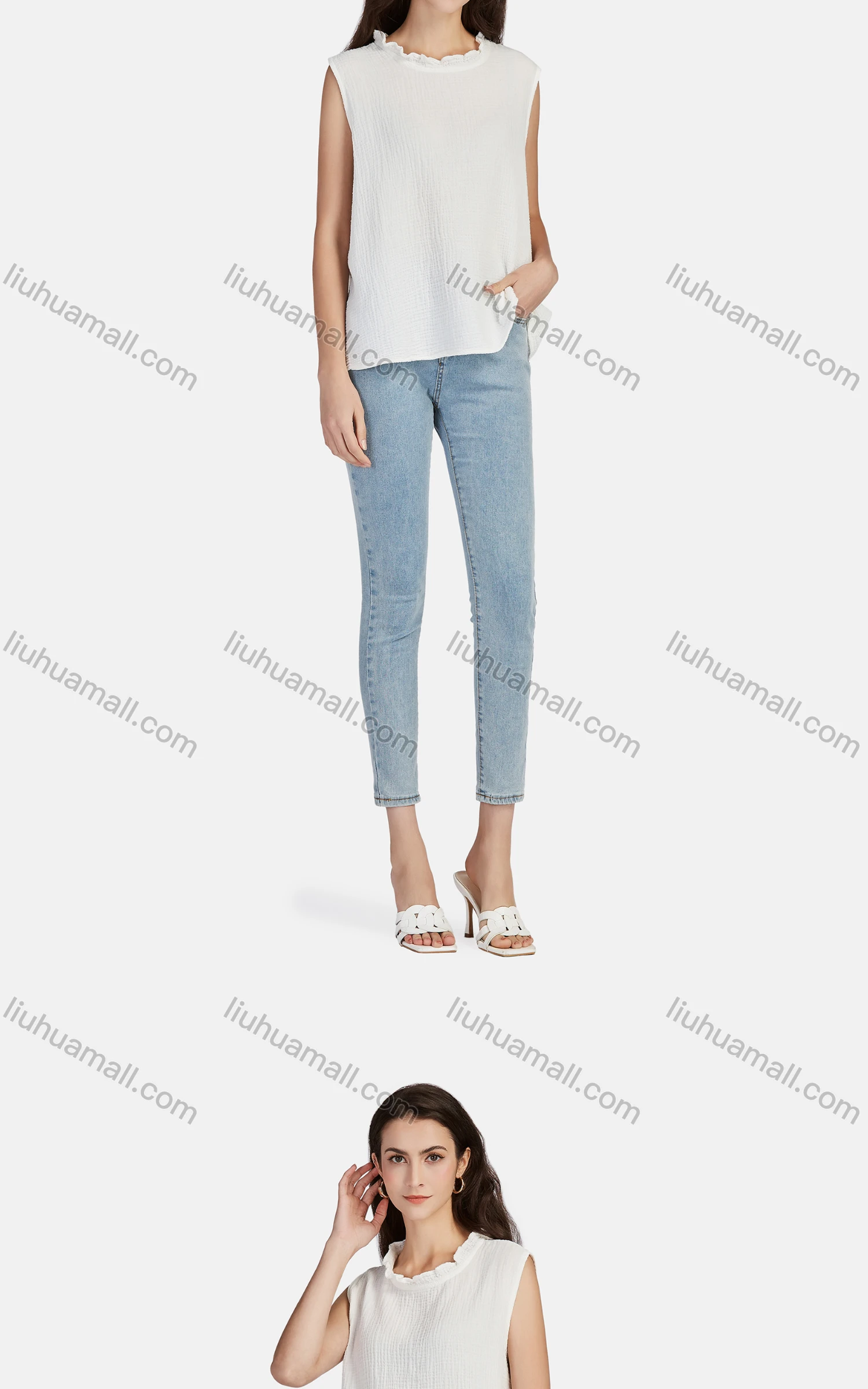 Wholesale Women's Casual Frill Neck Loose Fit Plain Frill Neck Tank Top 66491# - Liuhuamall