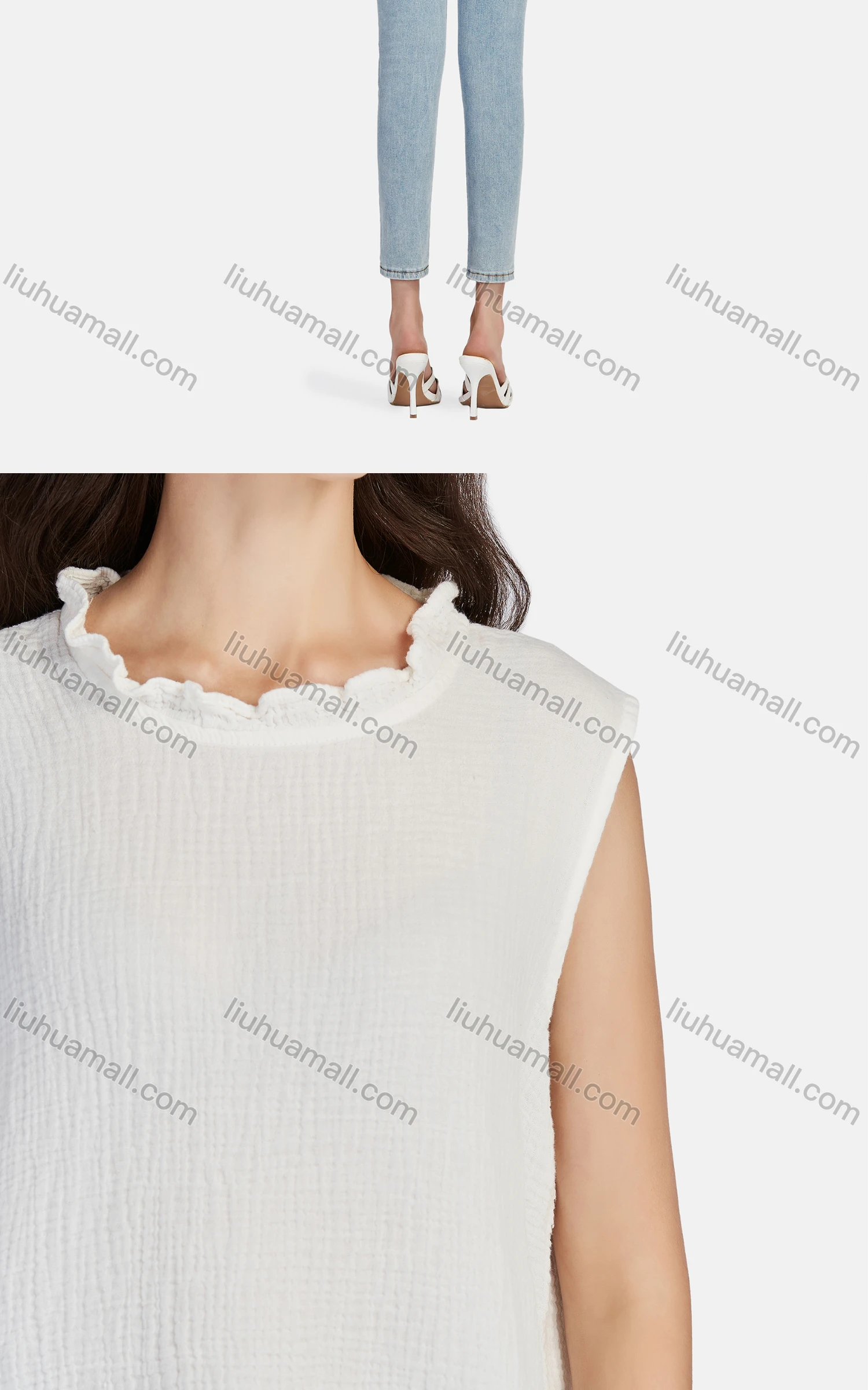 Wholesale Women's Casual Frill Neck Loose Fit Plain Frill Neck Tank Top 66491# - Liuhuamall