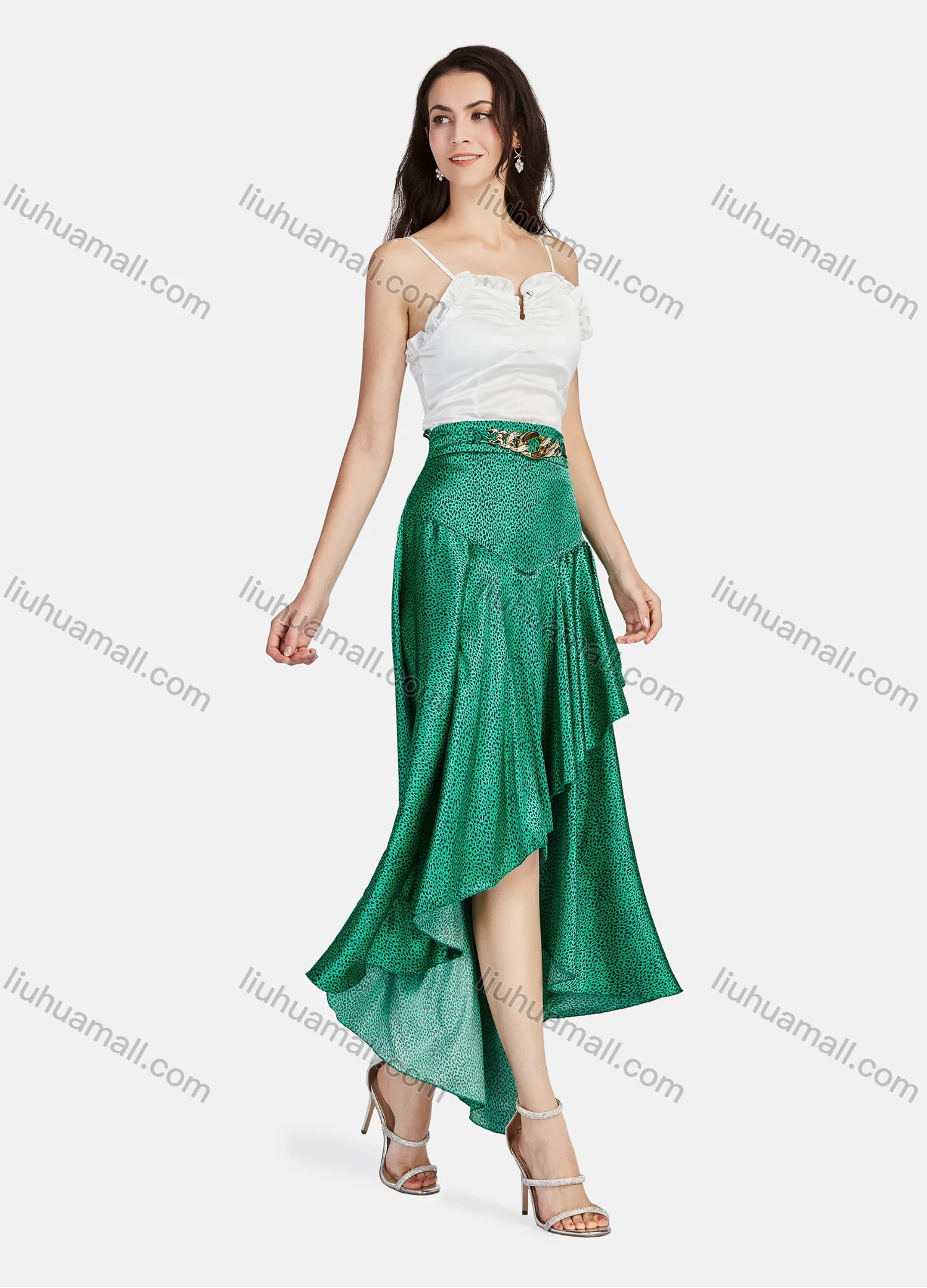 Wholesale Women's Elegant Spot Print High Waist Ruffle Trim Asymmetrical Hem Metal Chain Decor Midi Skirts - Liuhuamall