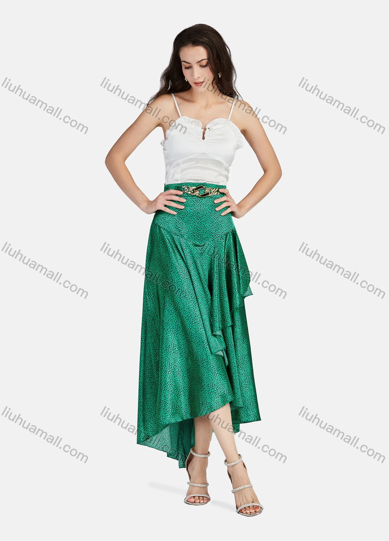 Wholesale Women's Elegant Spot Print High Waist Ruffle Trim Asymmetrical Hem Metal Chain Decor Midi Skirts - Liuhuamall