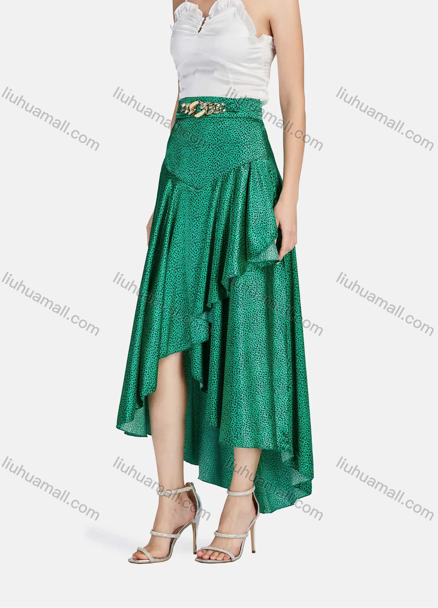 Wholesale Women's Elegant Spot Print High Waist Ruffle Trim Asymmetrical Hem Metal Chain Decor Midi Skirts - Liuhuamall