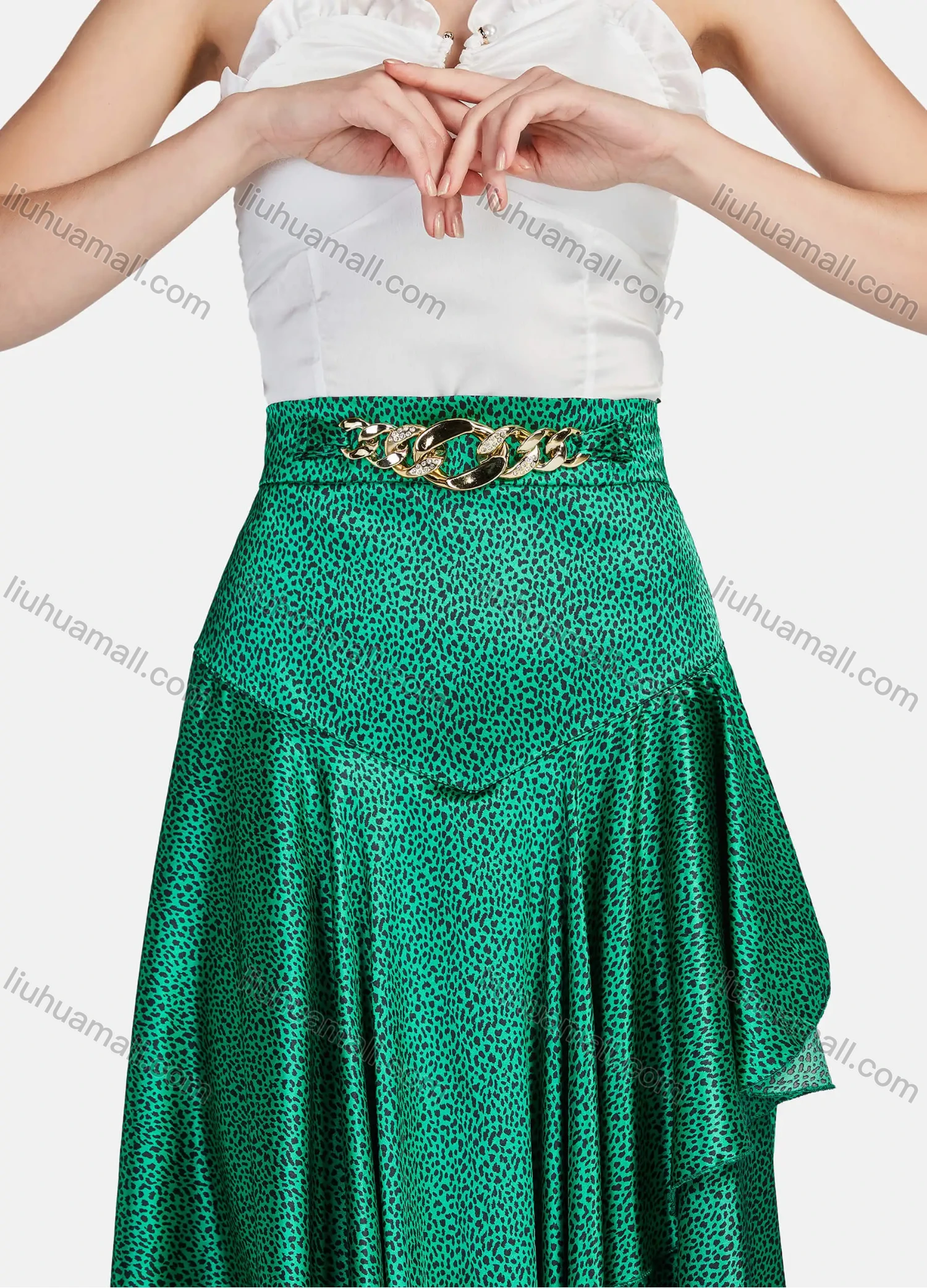 Wholesale Women's Elegant Spot Print High Waist Ruffle Trim Asymmetrical Hem Metal Chain Decor Midi Skirts - Liuhuamall