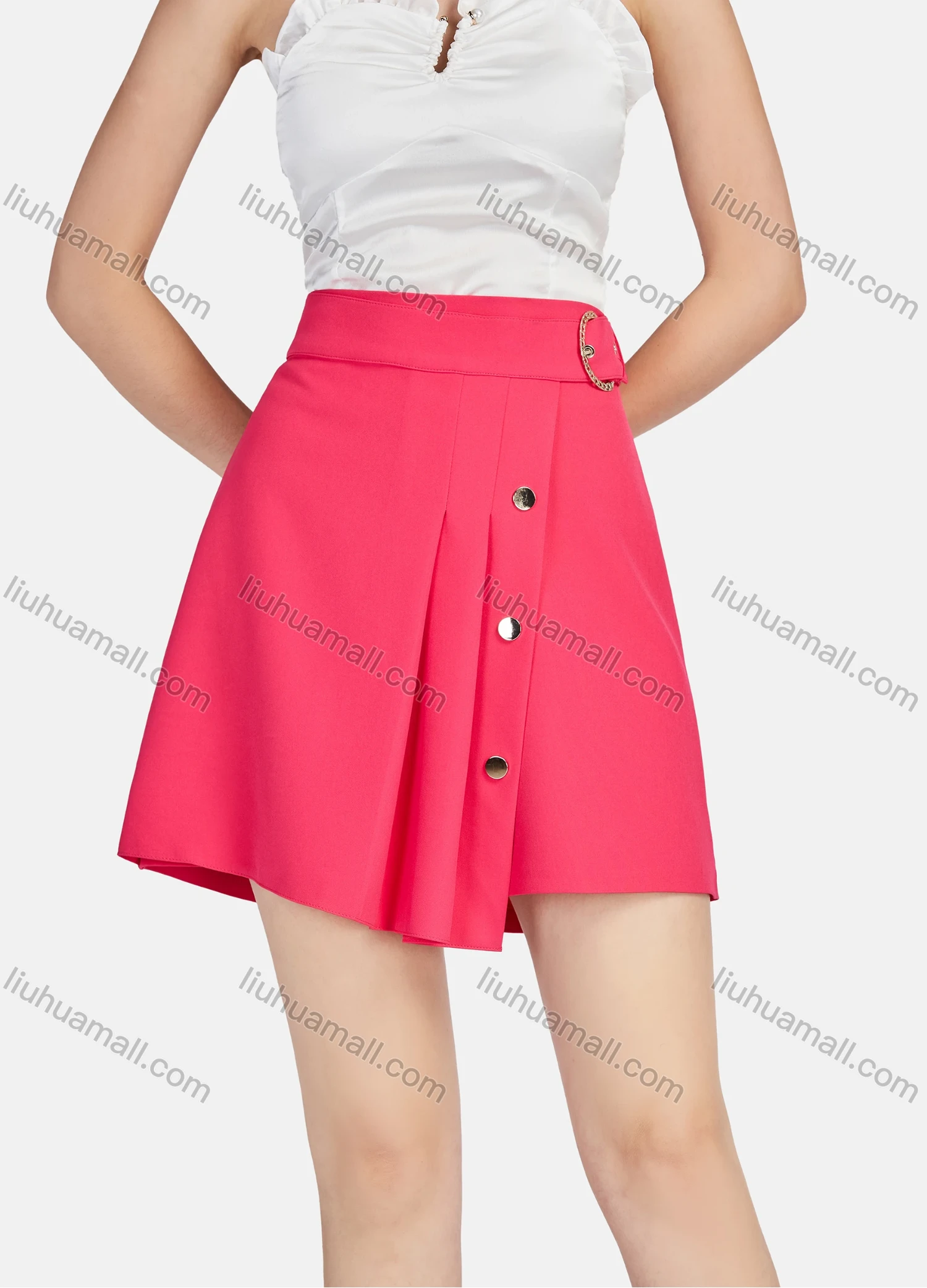 Wholesale Women's Fashion High Waist Plain Ruffle Hem Button Decor Shorts With Belt - Liuhuamall