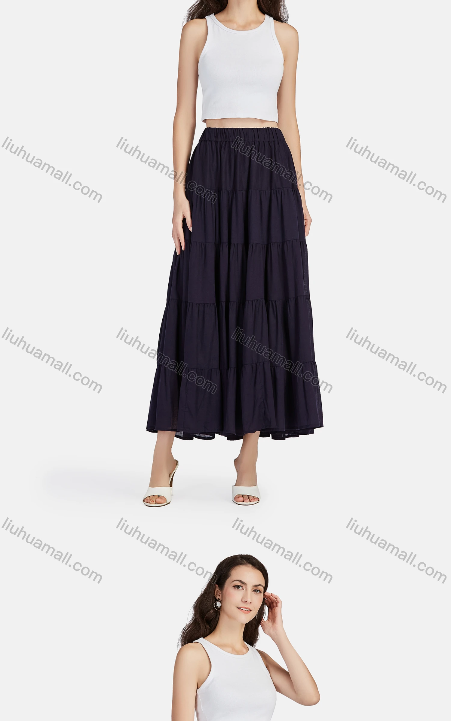 Wholesale Women's Casual High Waist Elastic Waist Tiered Pleated Skirt 56071# - Liuhuamall