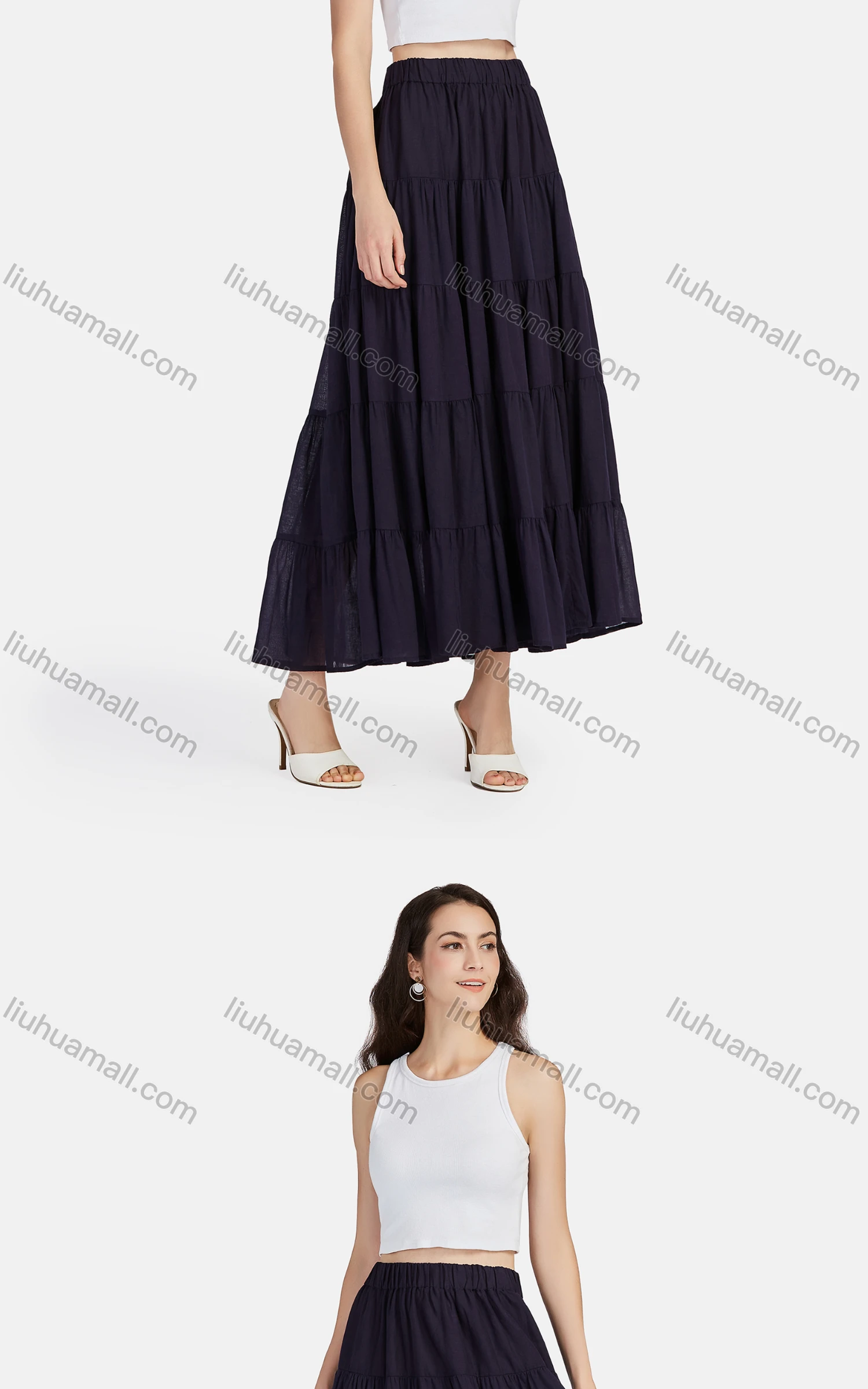 Wholesale Women's Casual High Waist Elastic Waist Tiered Pleated Skirt 56071# - Liuhuamall