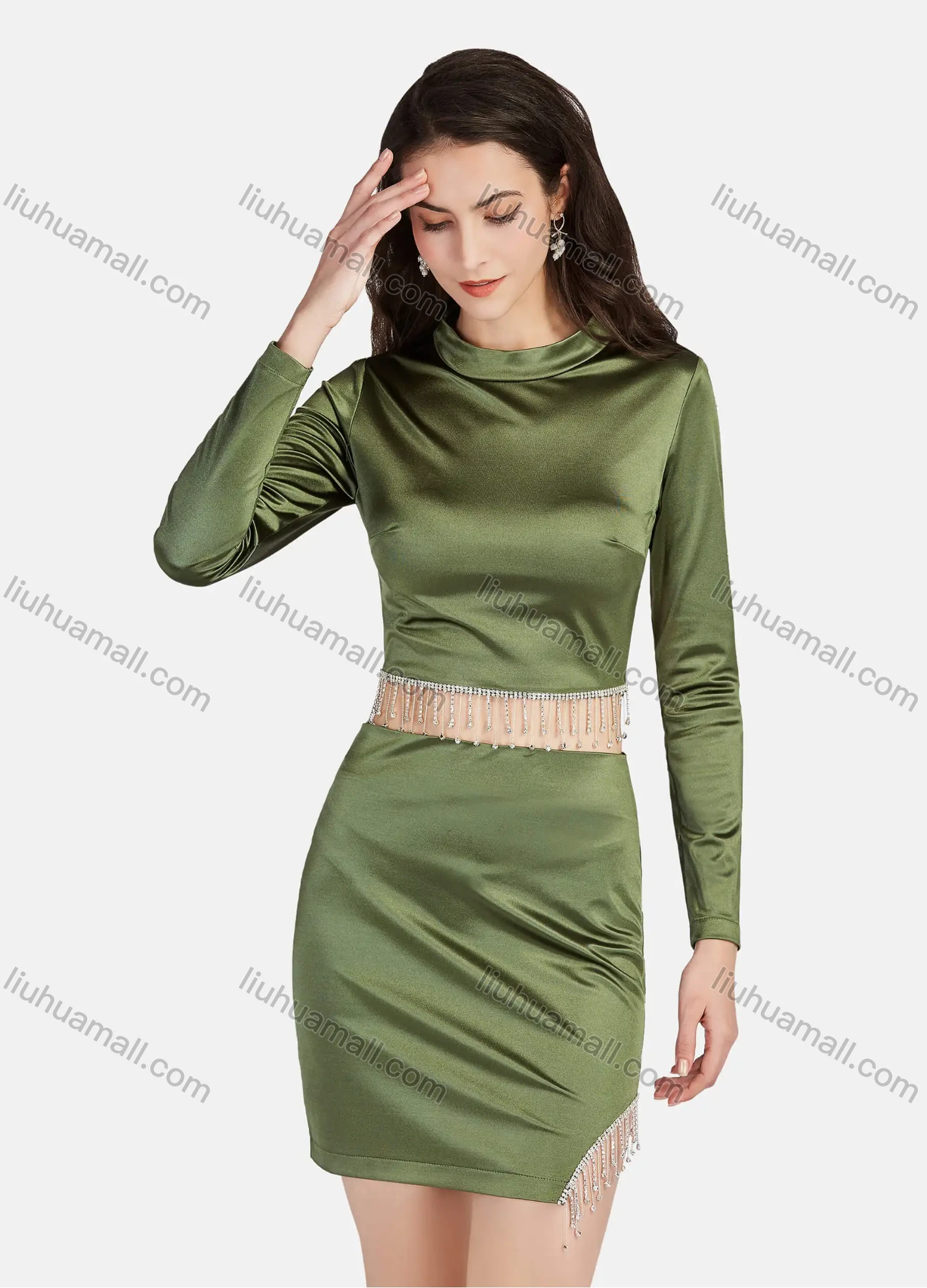 Wholesale Women's Fashion Elegant Mock Neck Lace Up Backless Rhinestone Fringe Trim Crop Tops & High Waist Skirts 2 Piece Set - Liuhuamall