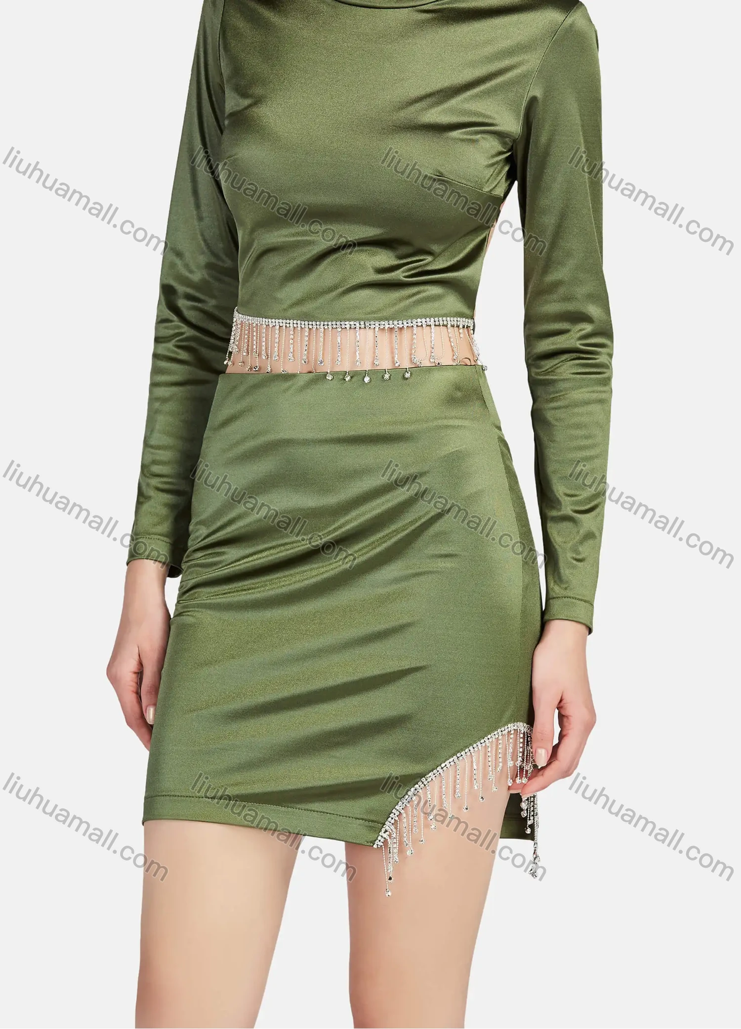 Wholesale Women's Fashion Elegant Mock Neck Lace Up Backless Rhinestone Fringe Trim Crop Tops & High Waist Skirts 2 Piece Set - Liuhuamall