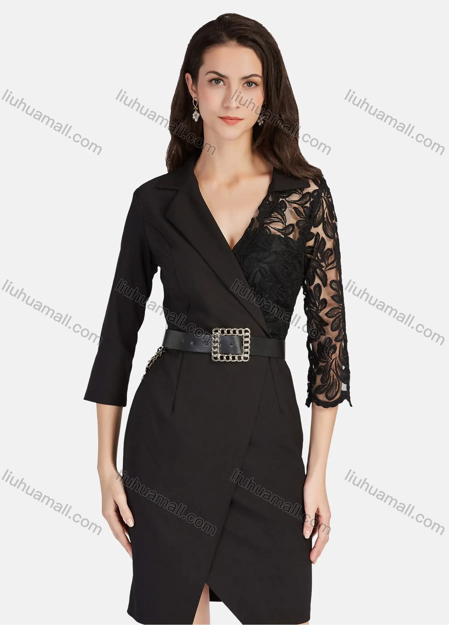 Wholesale Women's Elegant Fashion Wrap Lapel Guipure Lace 3/4 Sleeve Wrap Hem Short Dress With Belt - Liuhuamall