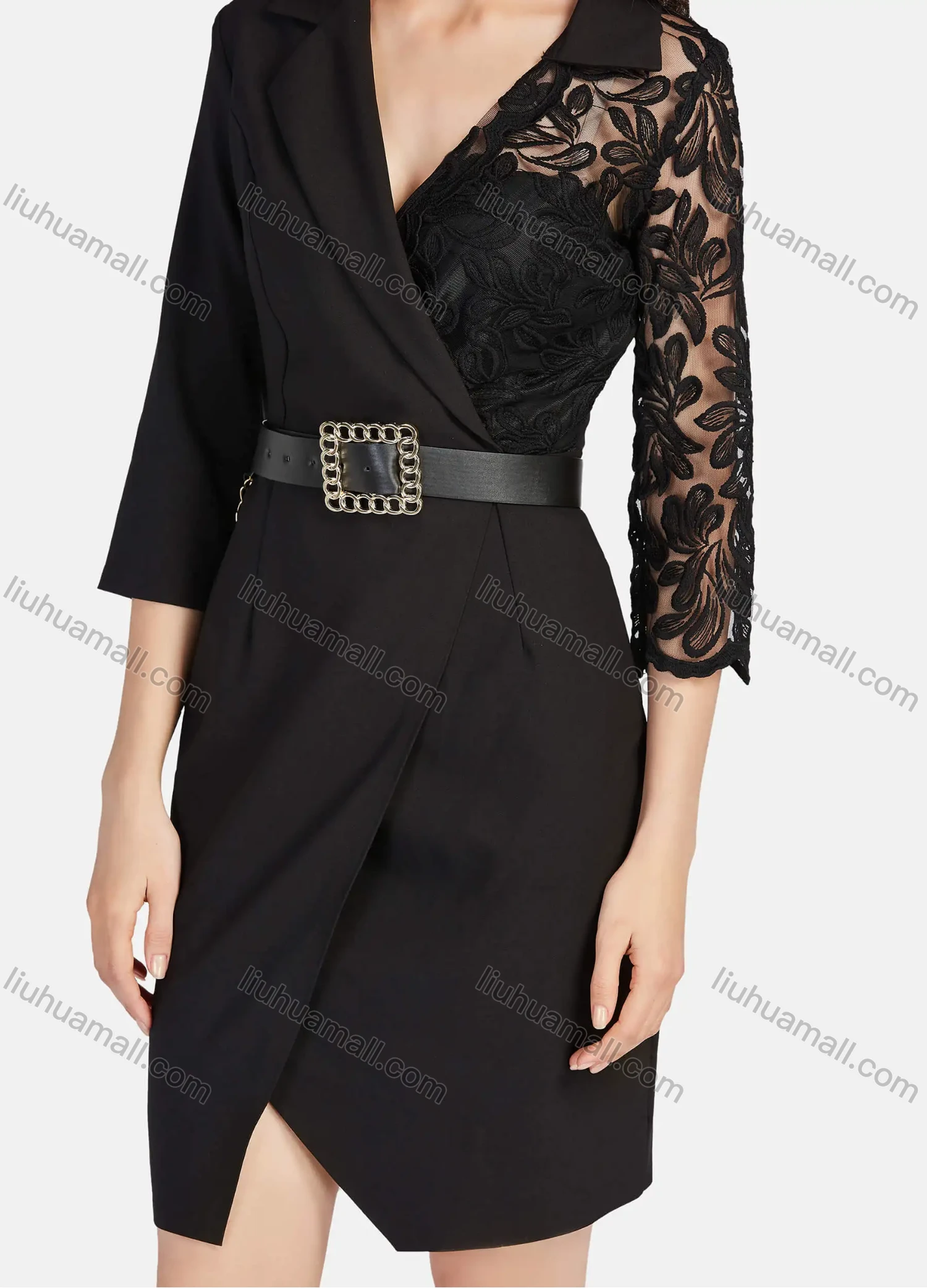 Wholesale Women's Elegant Fashion Wrap Lapel Guipure Lace 3/4 Sleeve Wrap Hem Short Dress With Belt - Liuhuamall