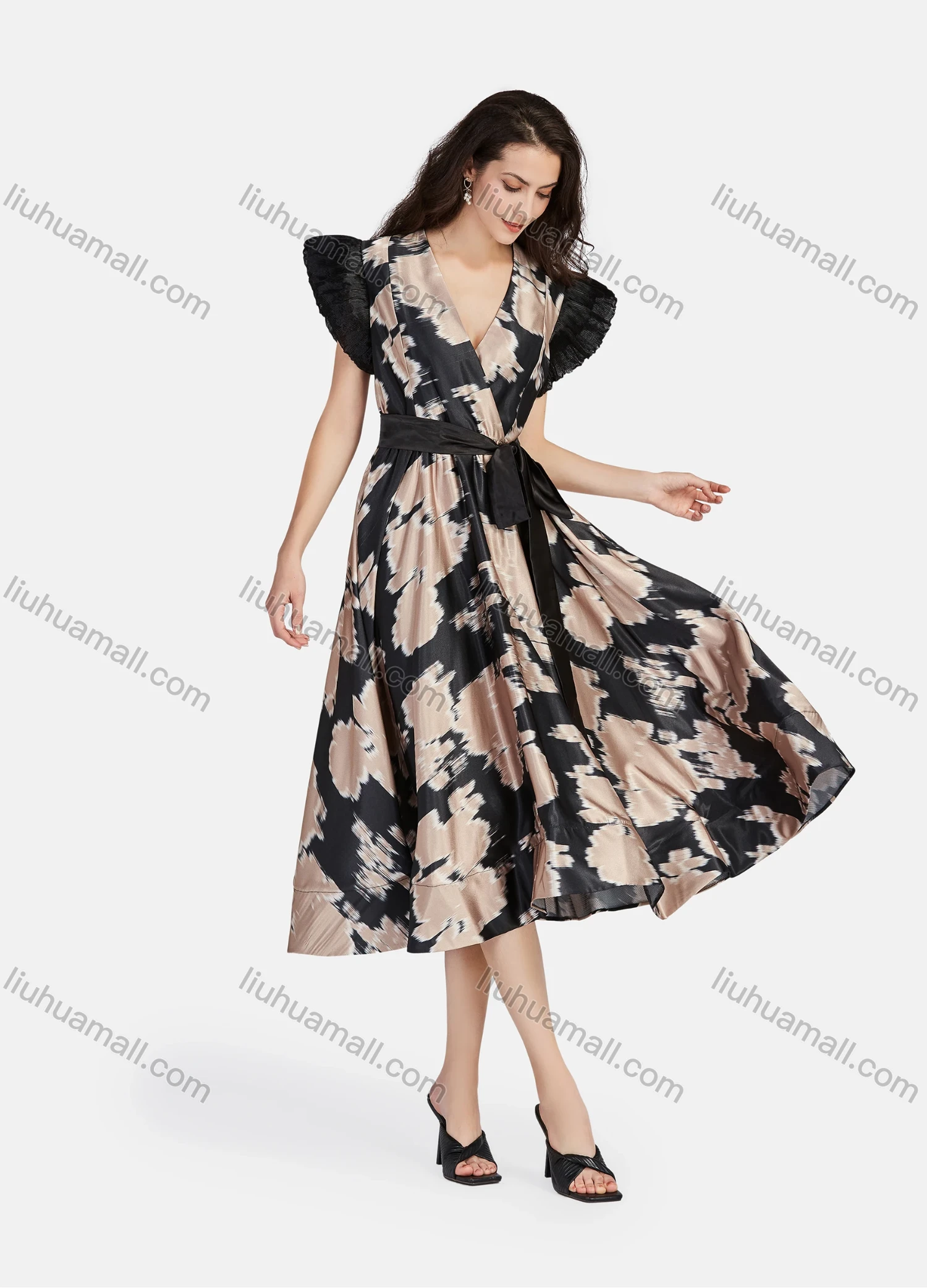 Wholesale Women's Casual Allover Print Elegant Wrap V Neck Butterfly Sleeve Ruffle Hem Midi Dress With Belt - Liuhuamall