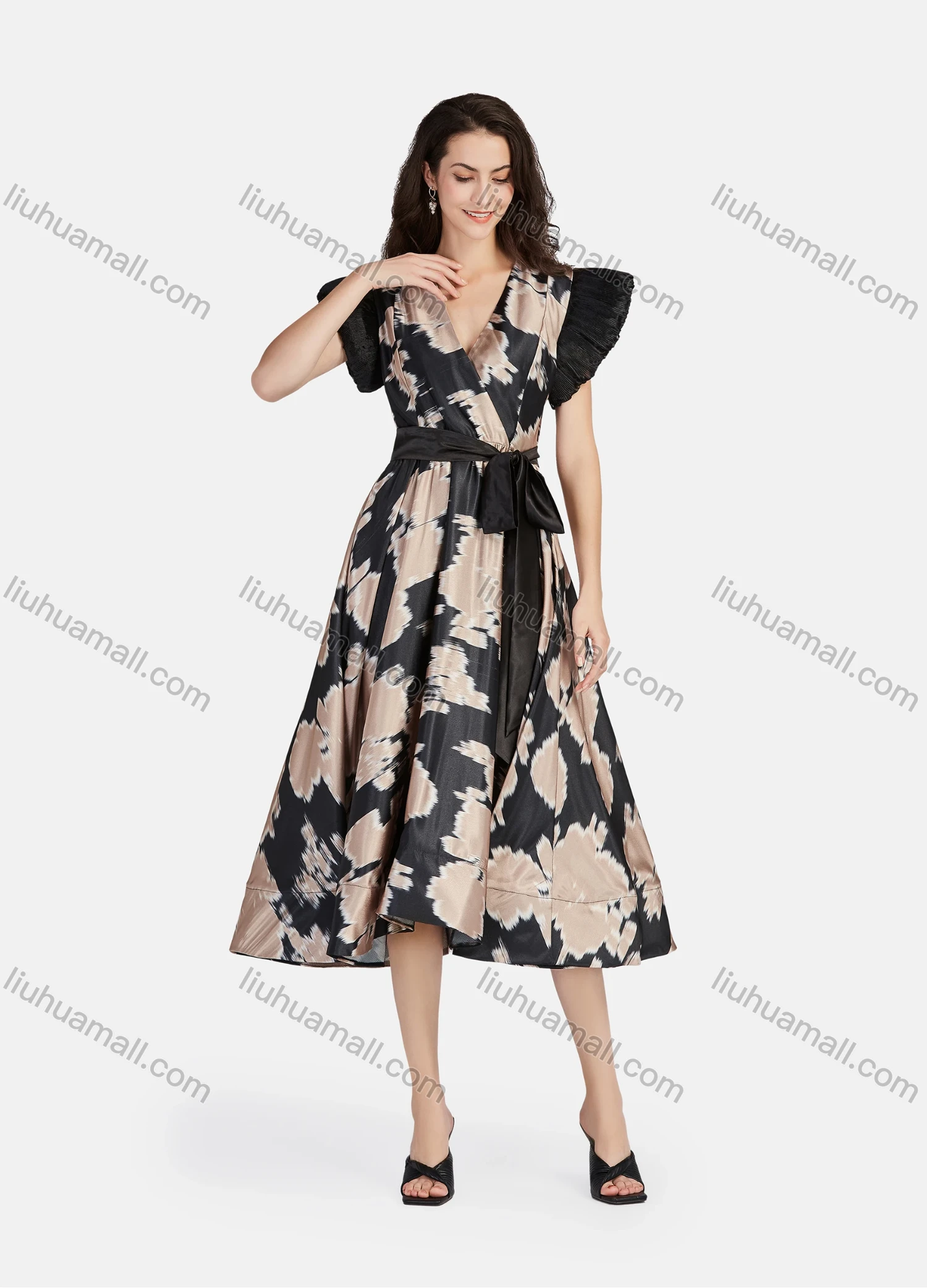 Wholesale Women's Casual Allover Print Elegant Wrap V Neck Butterfly Sleeve Ruffle Hem Midi Dress With Belt - Liuhuamall