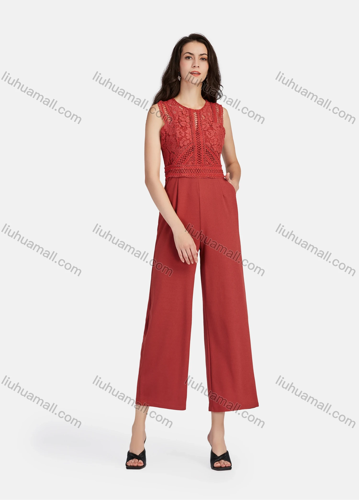 Wholesale Women's Elegant Plain Round Neck Guipure Lace Appliques Embroidery Wide Leg Jumpsuit - Liuhuamall