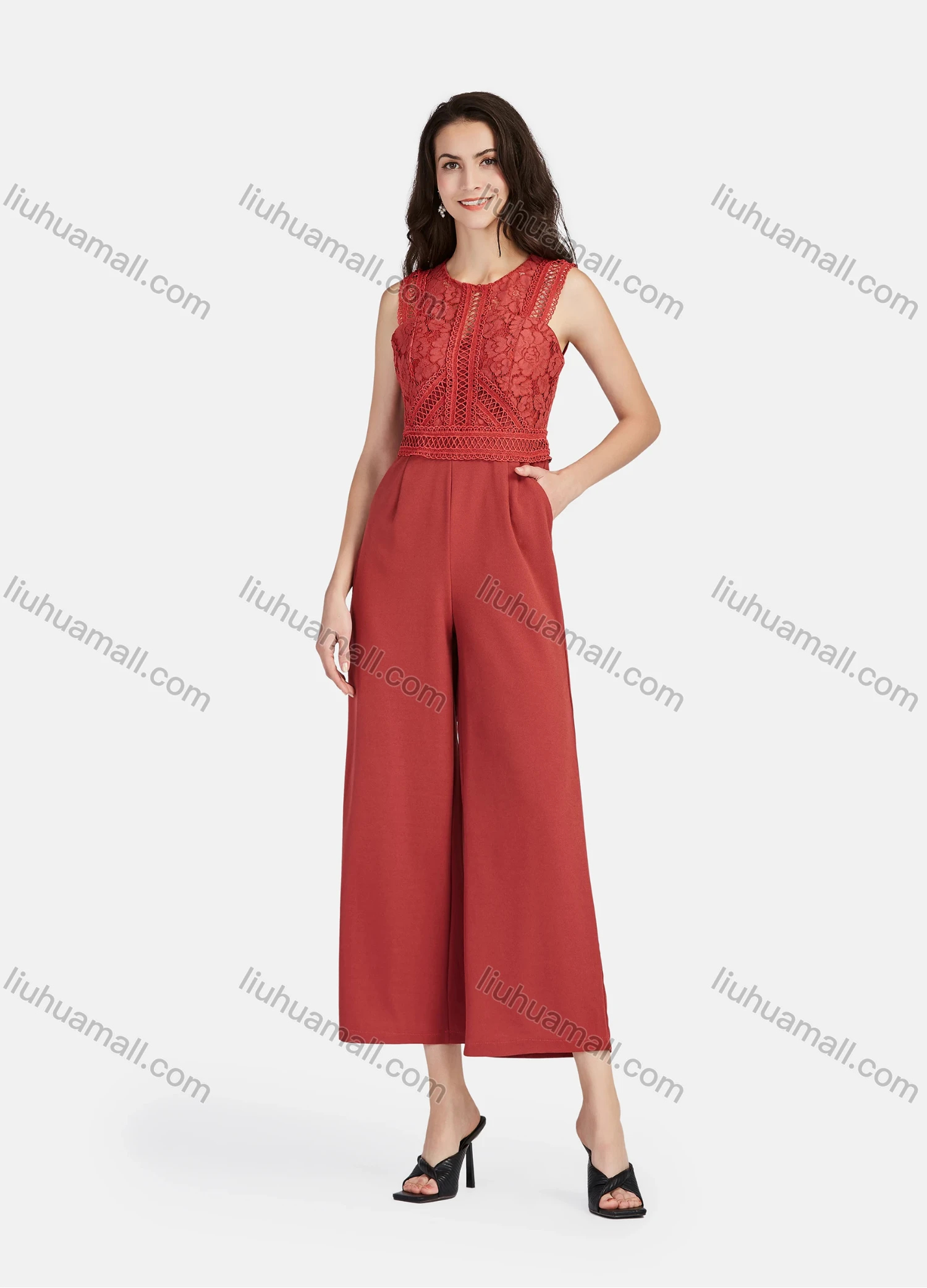Wholesale Women's Elegant Plain Round Neck Guipure Lace Appliques Embroidery Wide Leg Jumpsuit - Liuhuamall