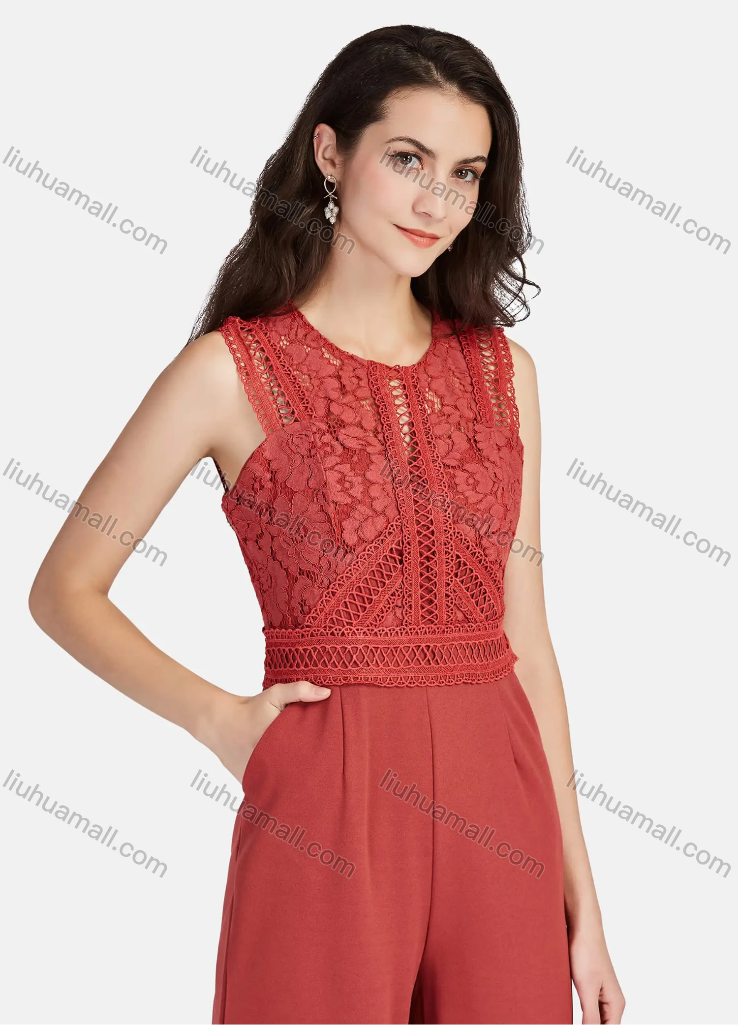 Wholesale Women's Elegant Plain Round Neck Guipure Lace Appliques Embroidery Wide Leg Jumpsuit - Liuhuamall