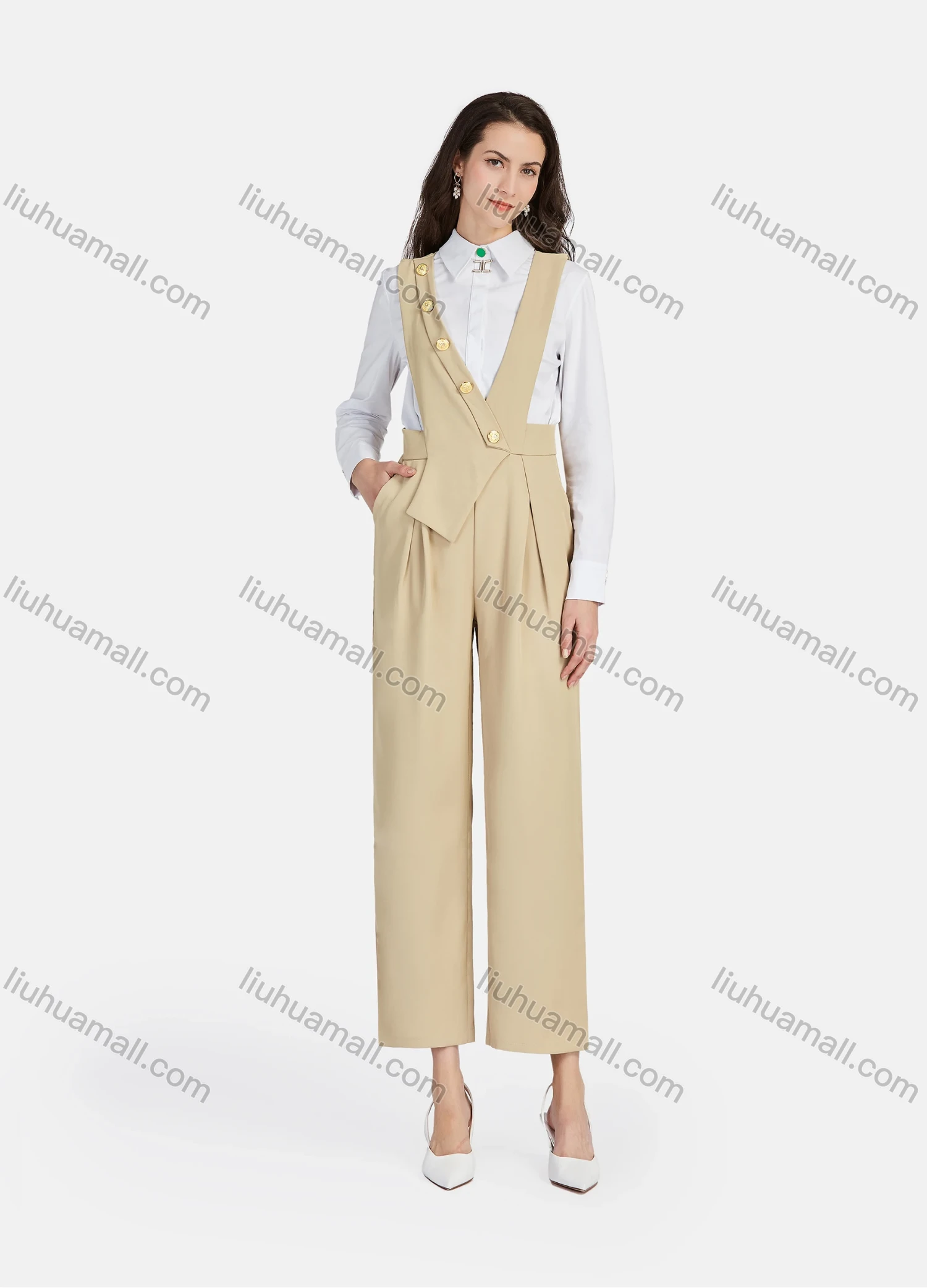 Wholesale Women's Elegant Buttons Plain High Waist Zip Wide Leg Ankle Length Jumpsuit Overall - Liuhuamall