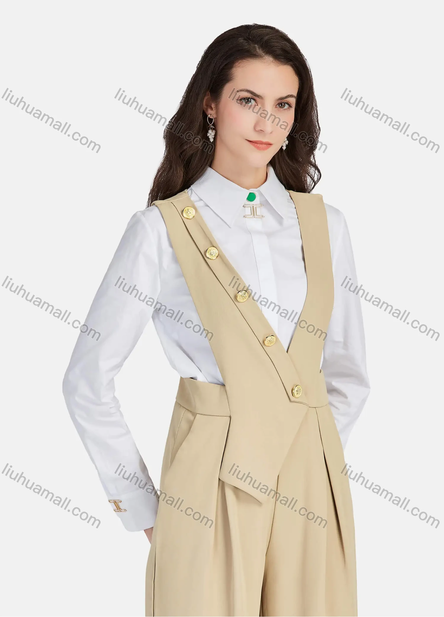 Wholesale Women's Elegant Buttons Plain High Waist Zip Wide Leg Ankle Length Jumpsuit Overall - Liuhuamall