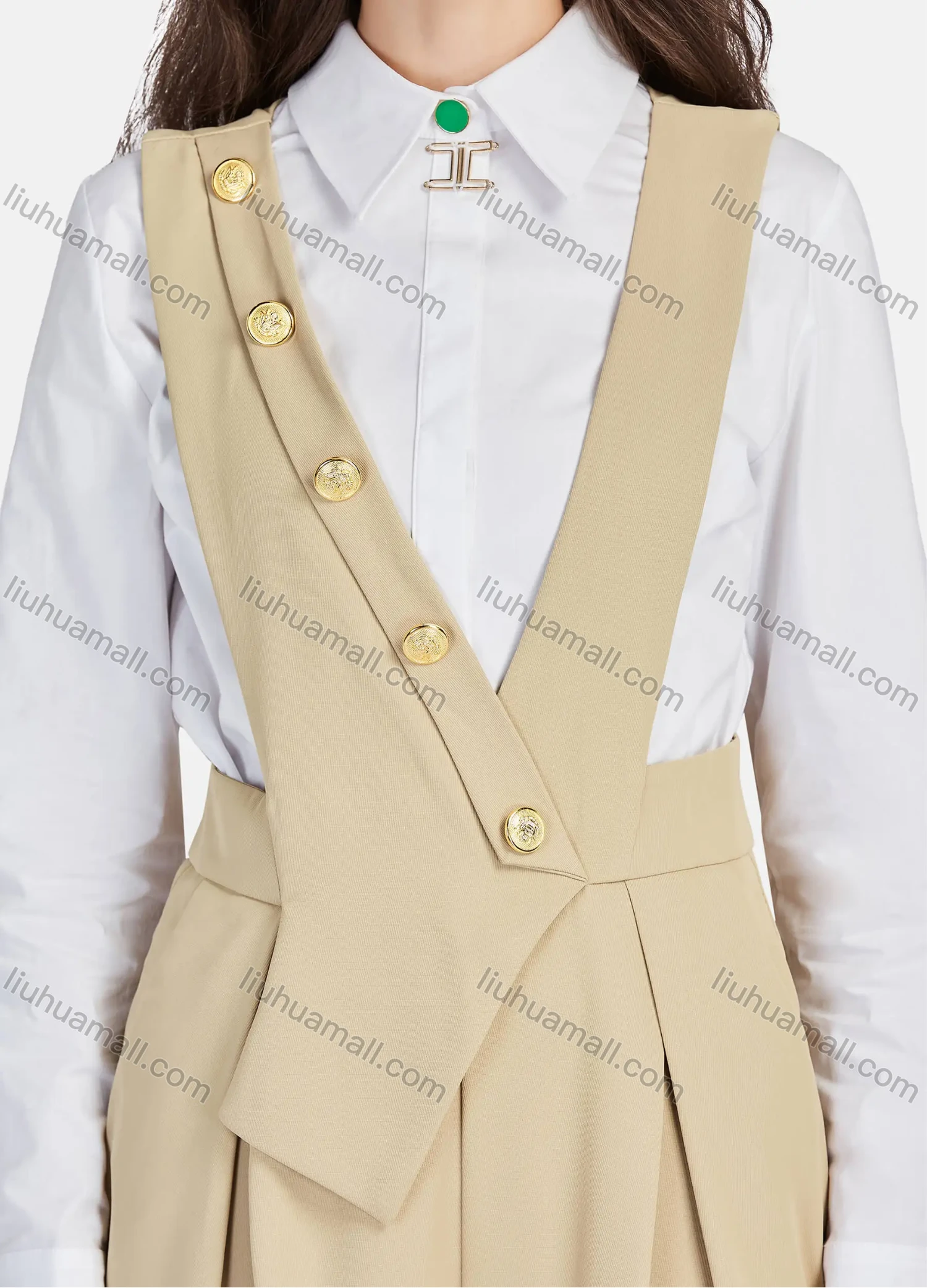 Wholesale Women's Elegant Buttons Plain High Waist Zip Wide Leg Ankle Length Jumpsuit Overall - Liuhuamall