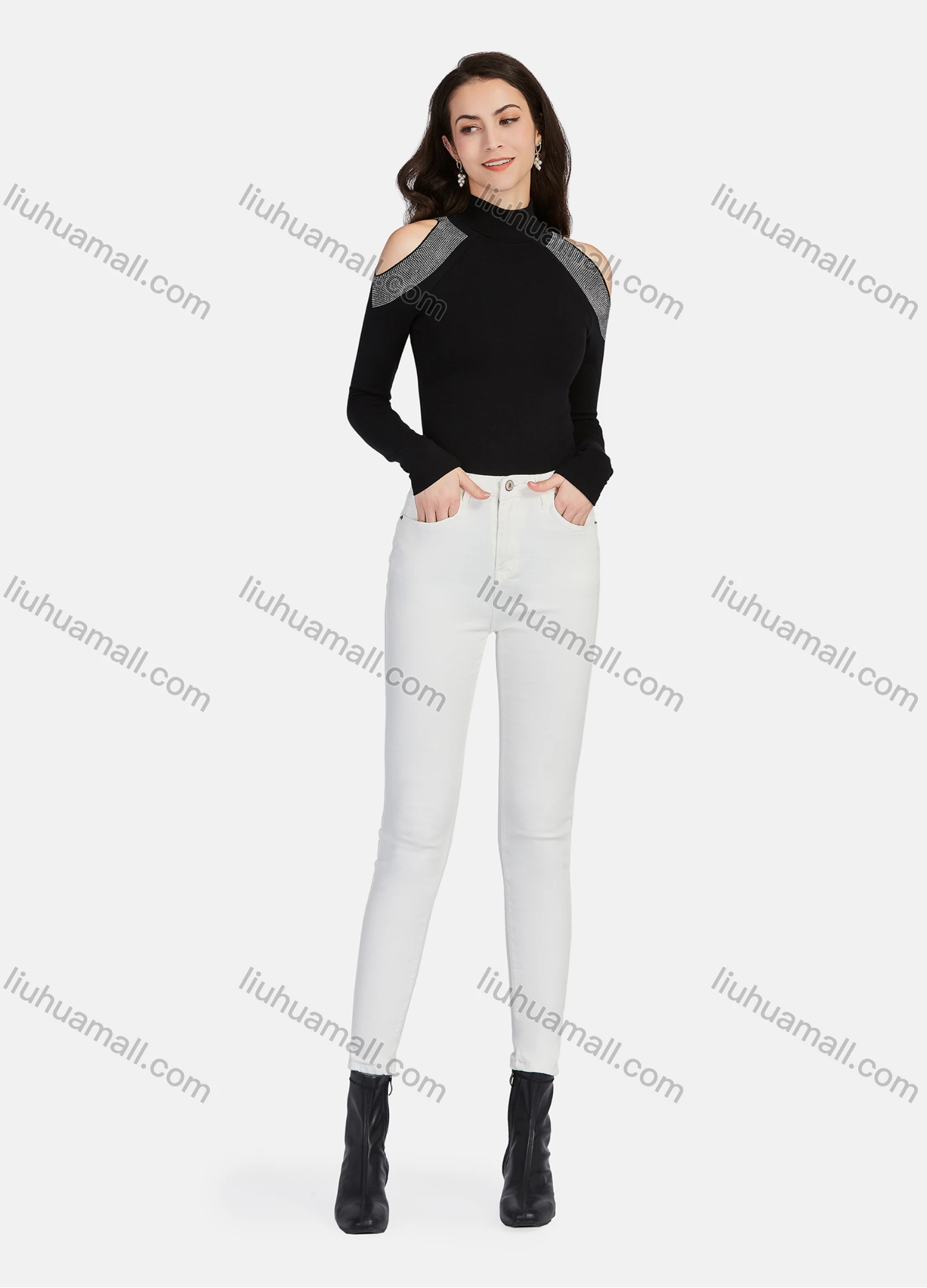 Wholesale Women's Plain Mock Neck Rhinestone Cold Shoulder Long Sleeve Blouse - Liuhuamall