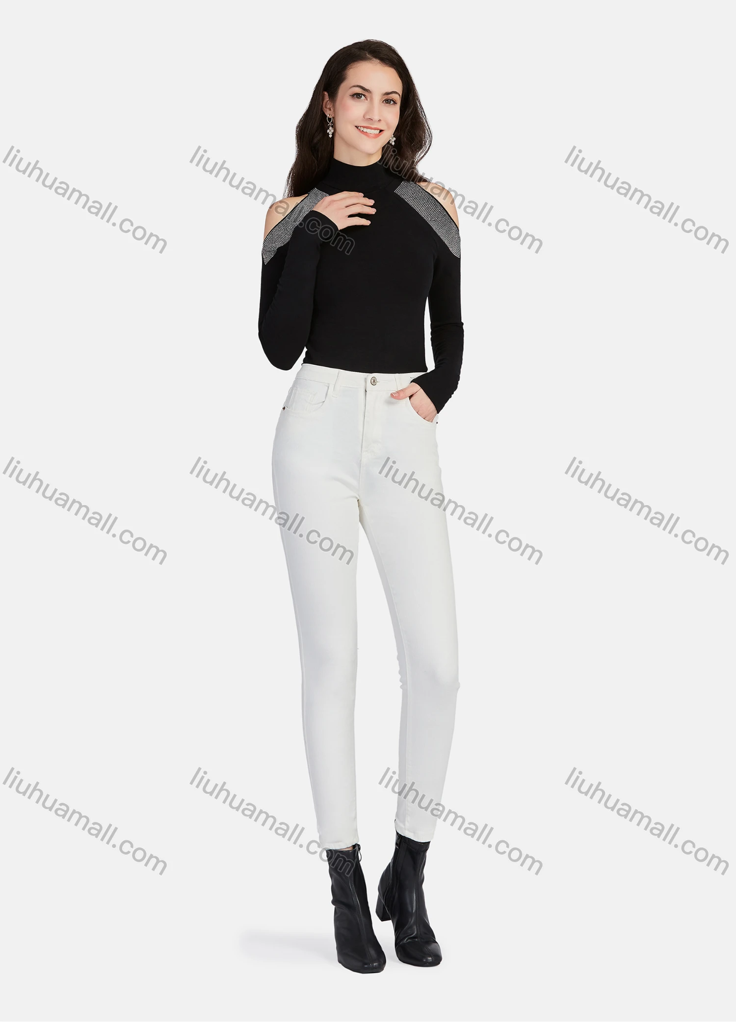 Wholesale Women's Plain Mock Neck Rhinestone Cold Shoulder Long Sleeve Blouse - Liuhuamall