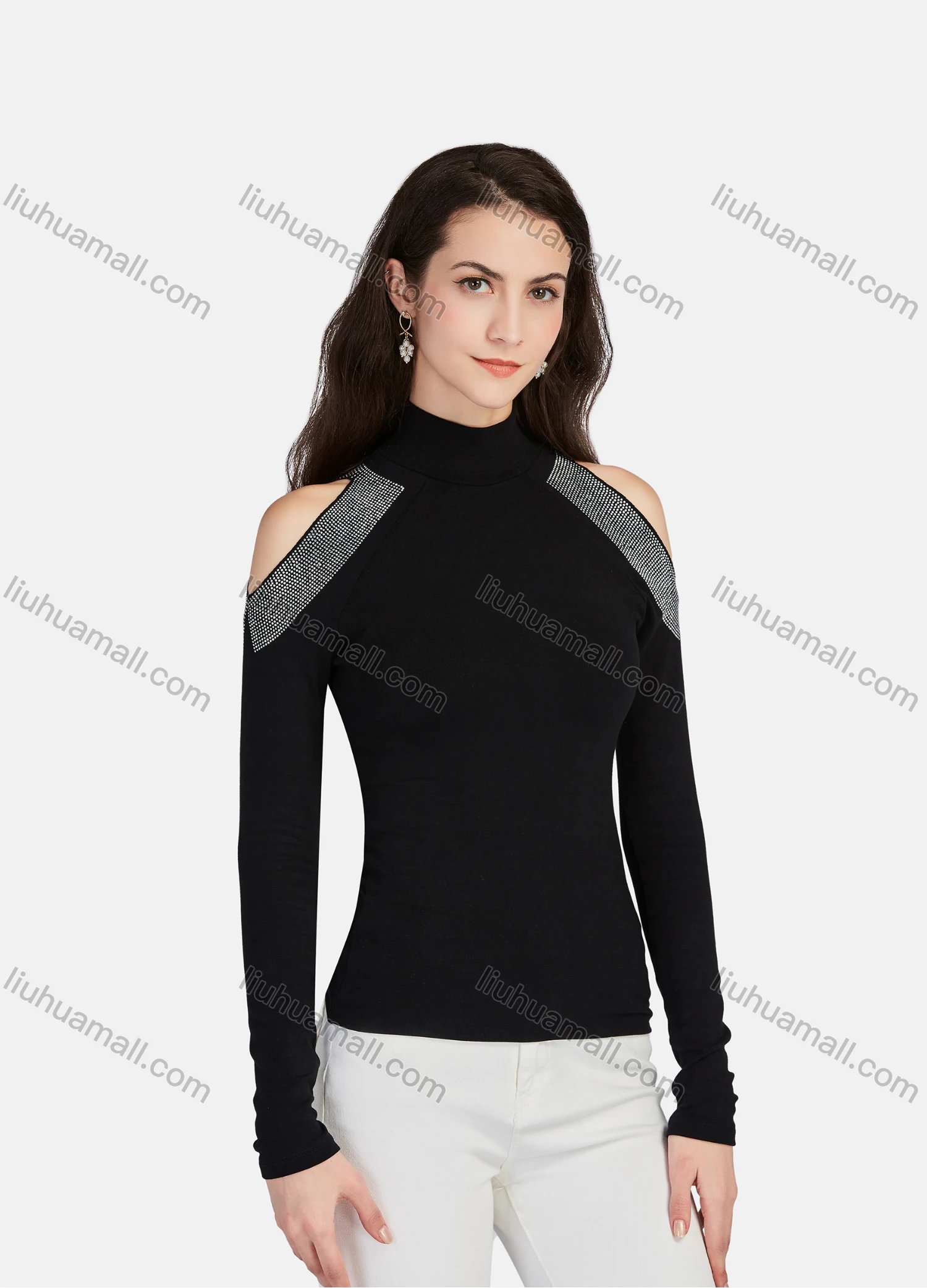 Wholesale Women's Plain Mock Neck Rhinestone Cold Shoulder Long Sleeve Blouse - Liuhuamall