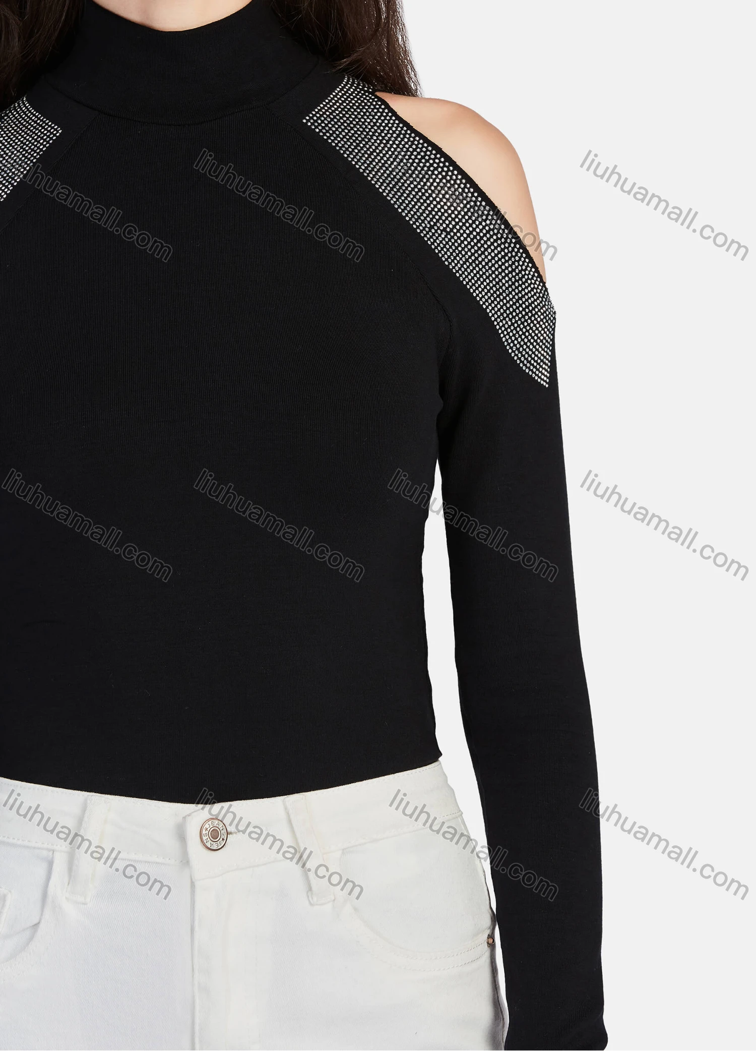 Wholesale Women's Plain Mock Neck Rhinestone Cold Shoulder Long Sleeve Blouse - Liuhuamall