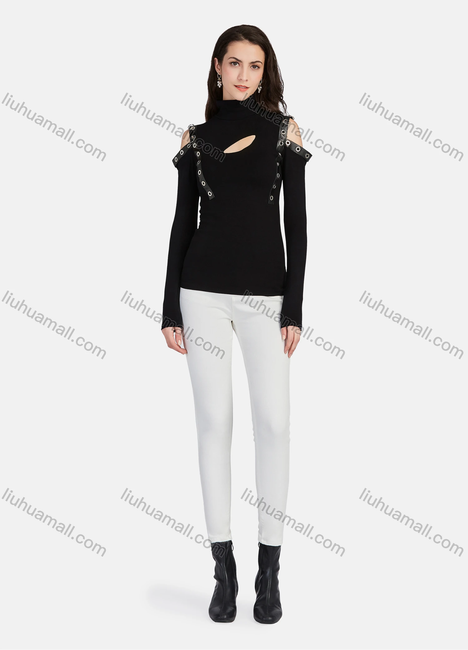 Wholesale Women's Plain Mock Neck Cut Out Ring Decor Cold Shoulder Long Sleeve Blouse - Liuhuamall