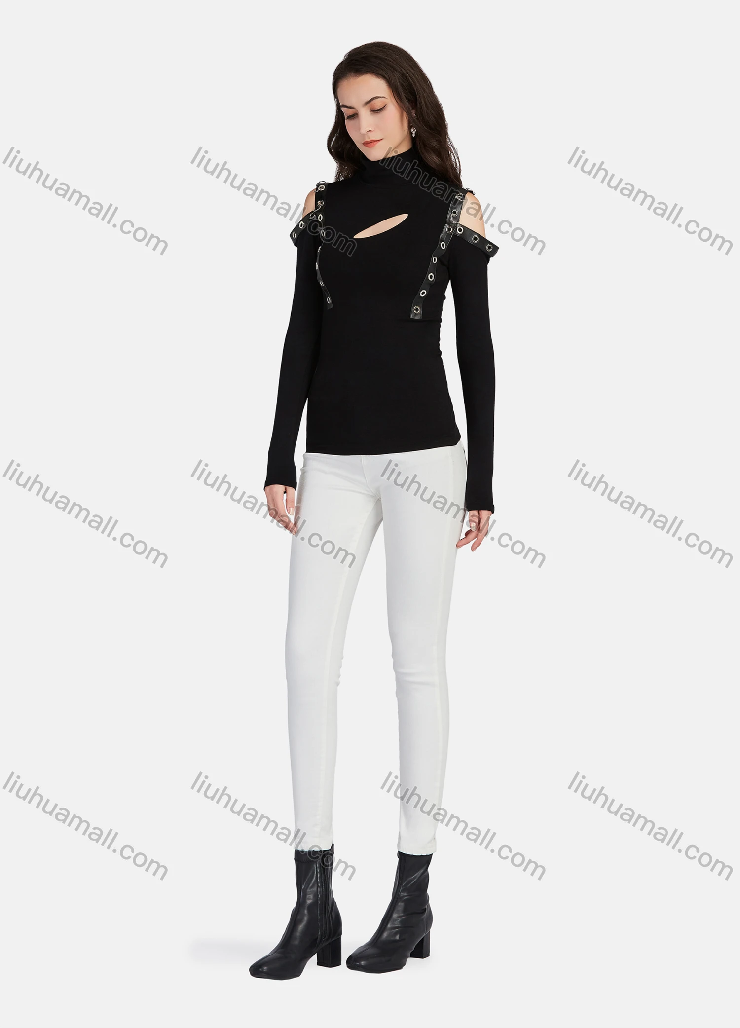 Wholesale Women's Plain Mock Neck Cut Out Ring Decor Cold Shoulder Long Sleeve Blouse - Liuhuamall
