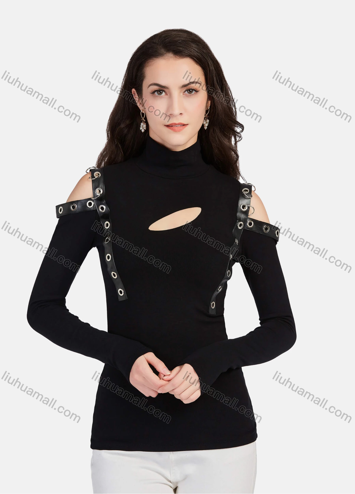 Wholesale Women's Plain Mock Neck Cut Out Ring Decor Cold Shoulder Long Sleeve Blouse - Liuhuamall