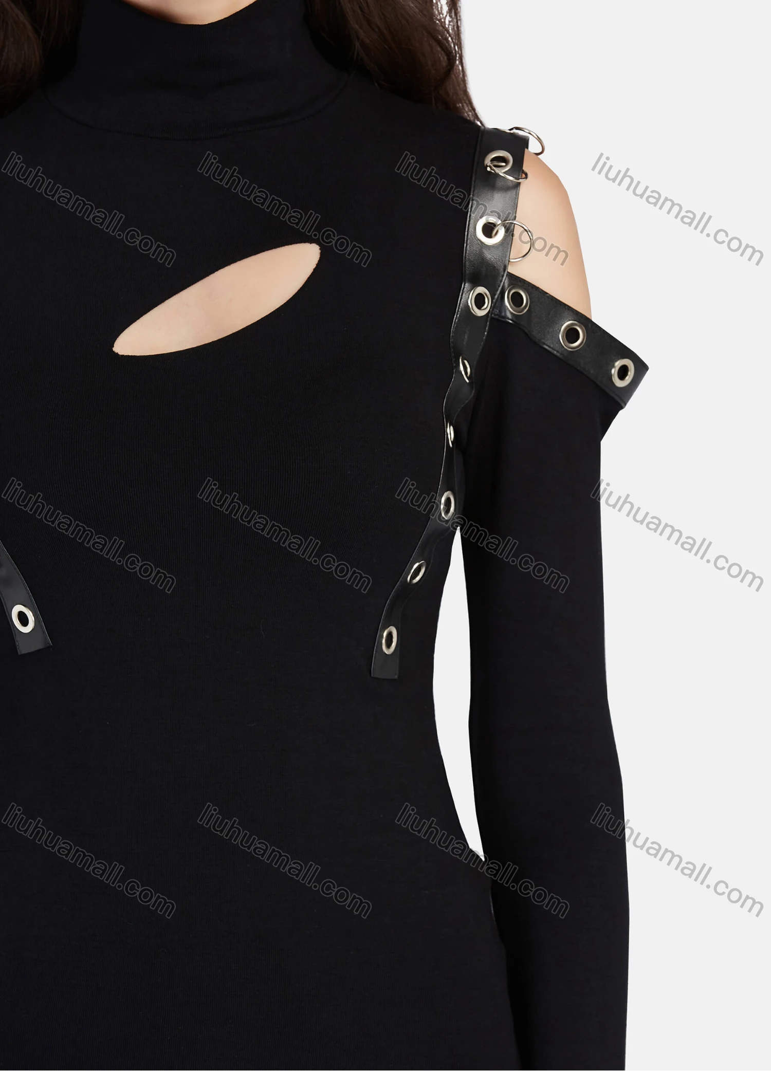 Wholesale Women's Plain Mock Neck Cut Out Ring Decor Cold Shoulder Long Sleeve Blouse - Liuhuamall