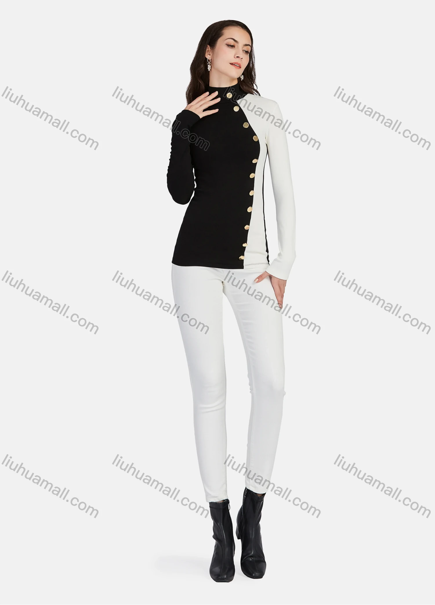 Wholesale Women's Mock Neck Button Decor Splicing Colorblock Long Sleeve Blouse - Liuhuamall
