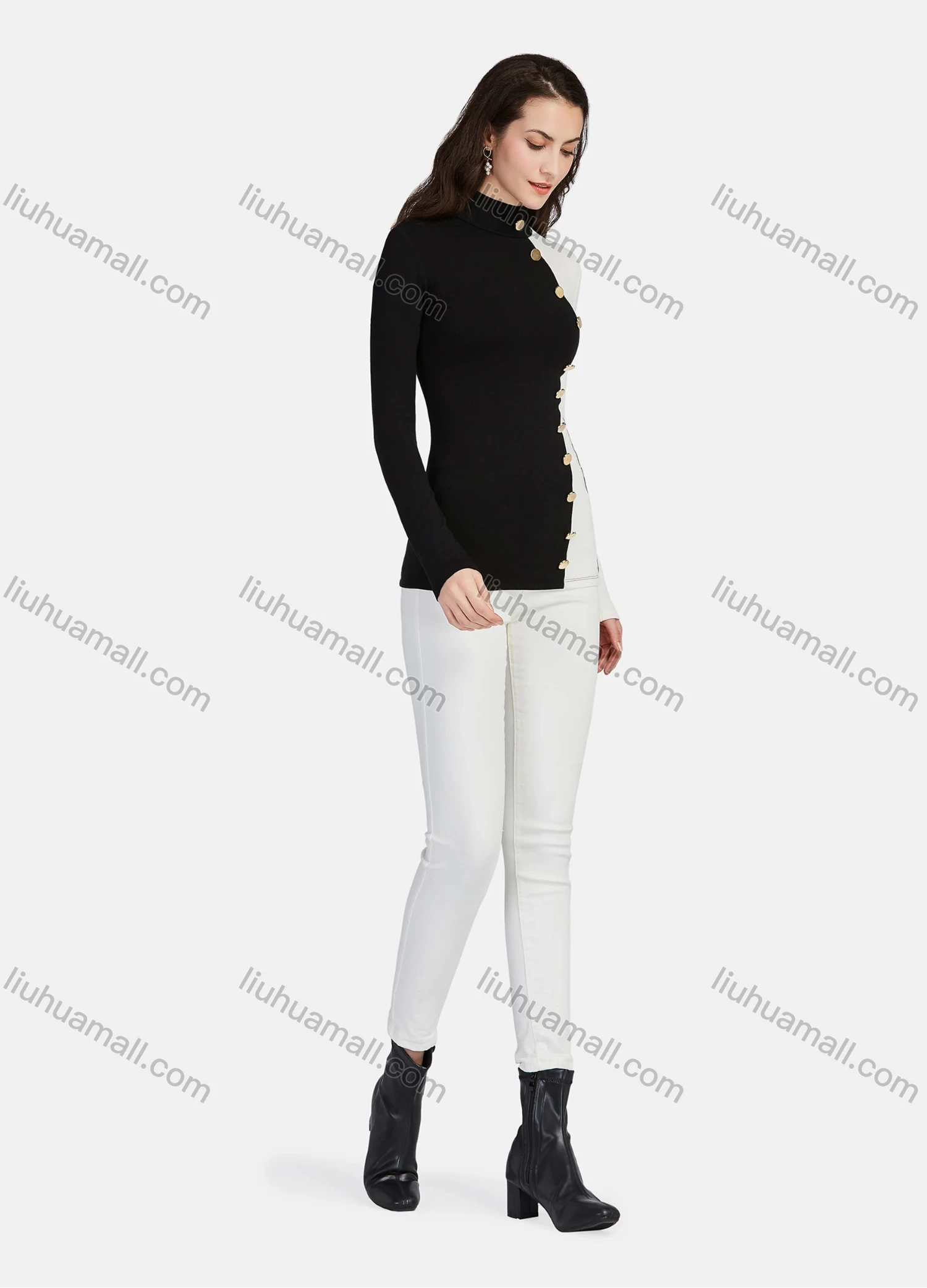 Wholesale Women's Mock Neck Button Decor Splicing Colorblock Long Sleeve Blouse - Liuhuamall