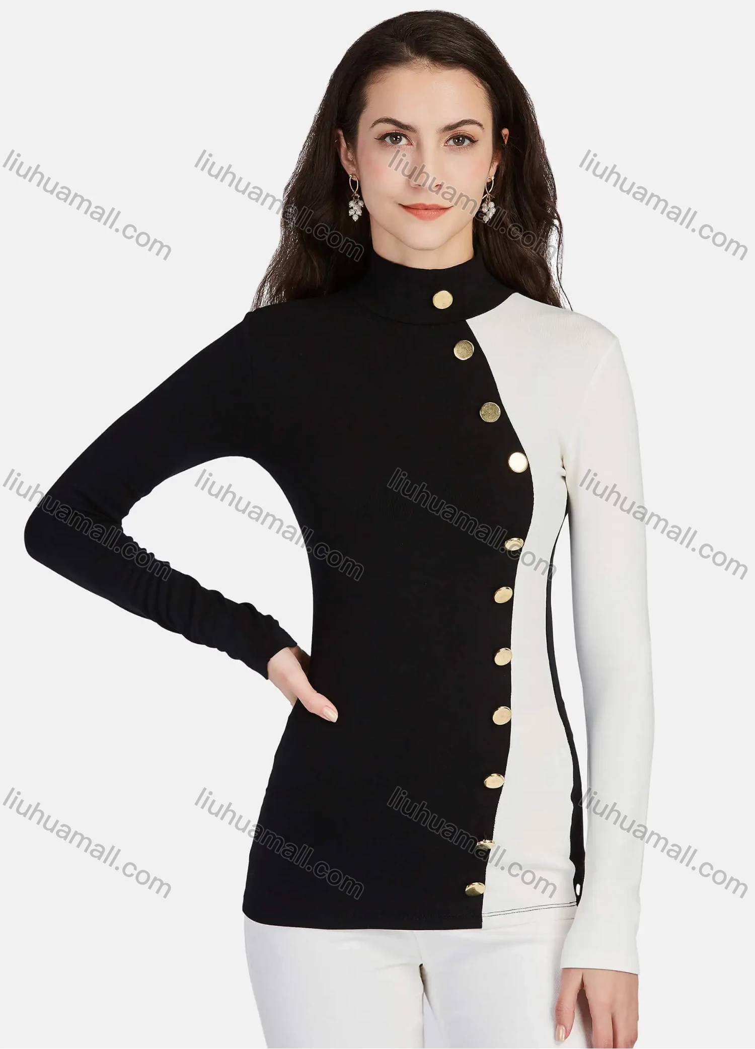 Wholesale Women's Mock Neck Button Decor Splicing Colorblock Long Sleeve Blouse - Liuhuamall