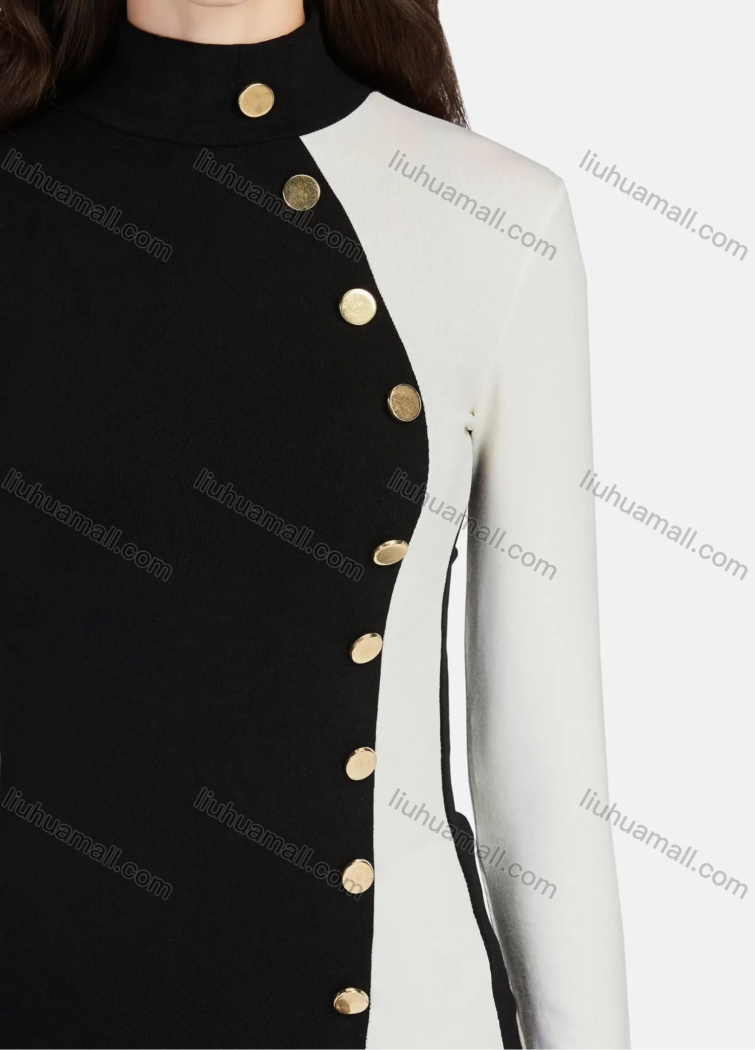 Wholesale Women's Mock Neck Button Decor Splicing Colorblock Long Sleeve Blouse - Liuhuamall