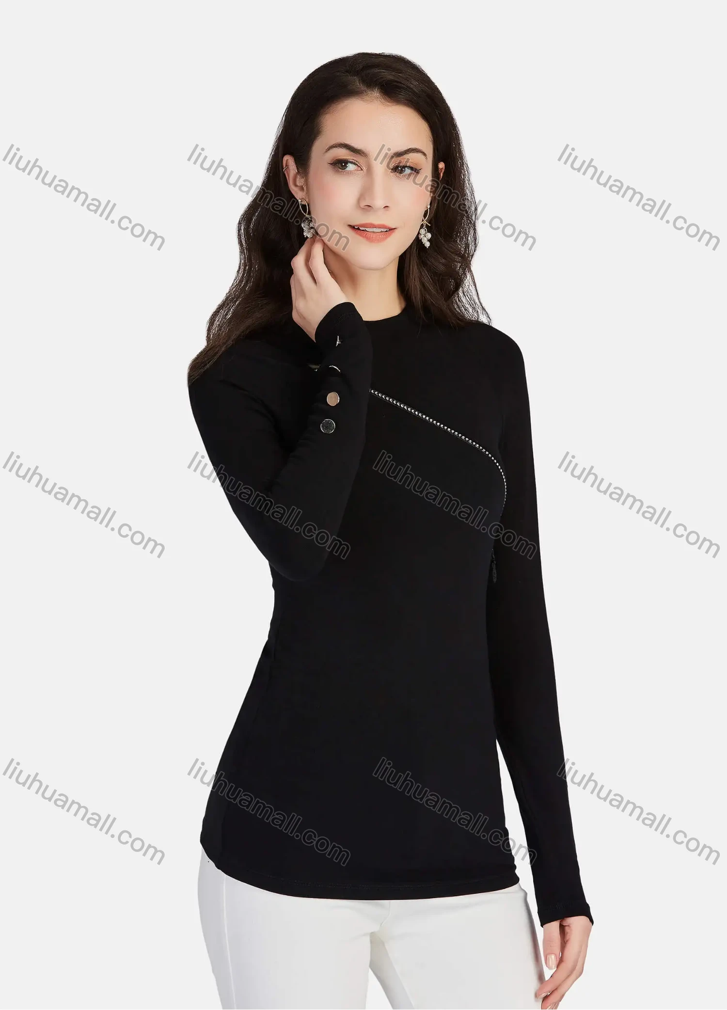 Wholesale Women's Plain Mock Neck Zip Long Sleeve Blouse - Liuhuamall