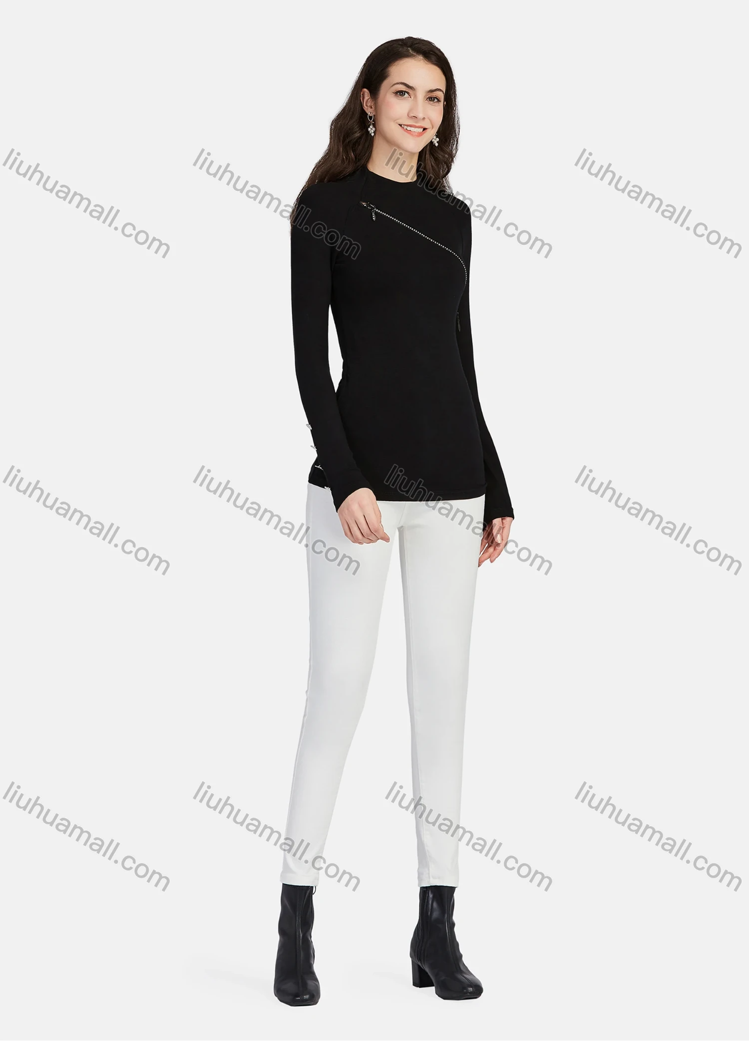 Wholesale Women's Plain Mock Neck Zip Long Sleeve Blouse - Liuhuamall