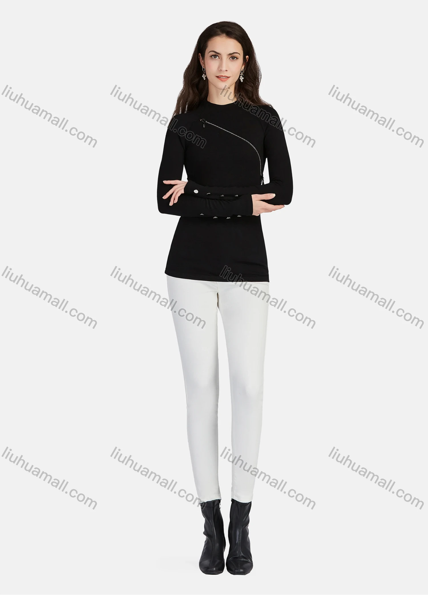 Wholesale Women's Plain Mock Neck Zip Long Sleeve Blouse - Liuhuamall
