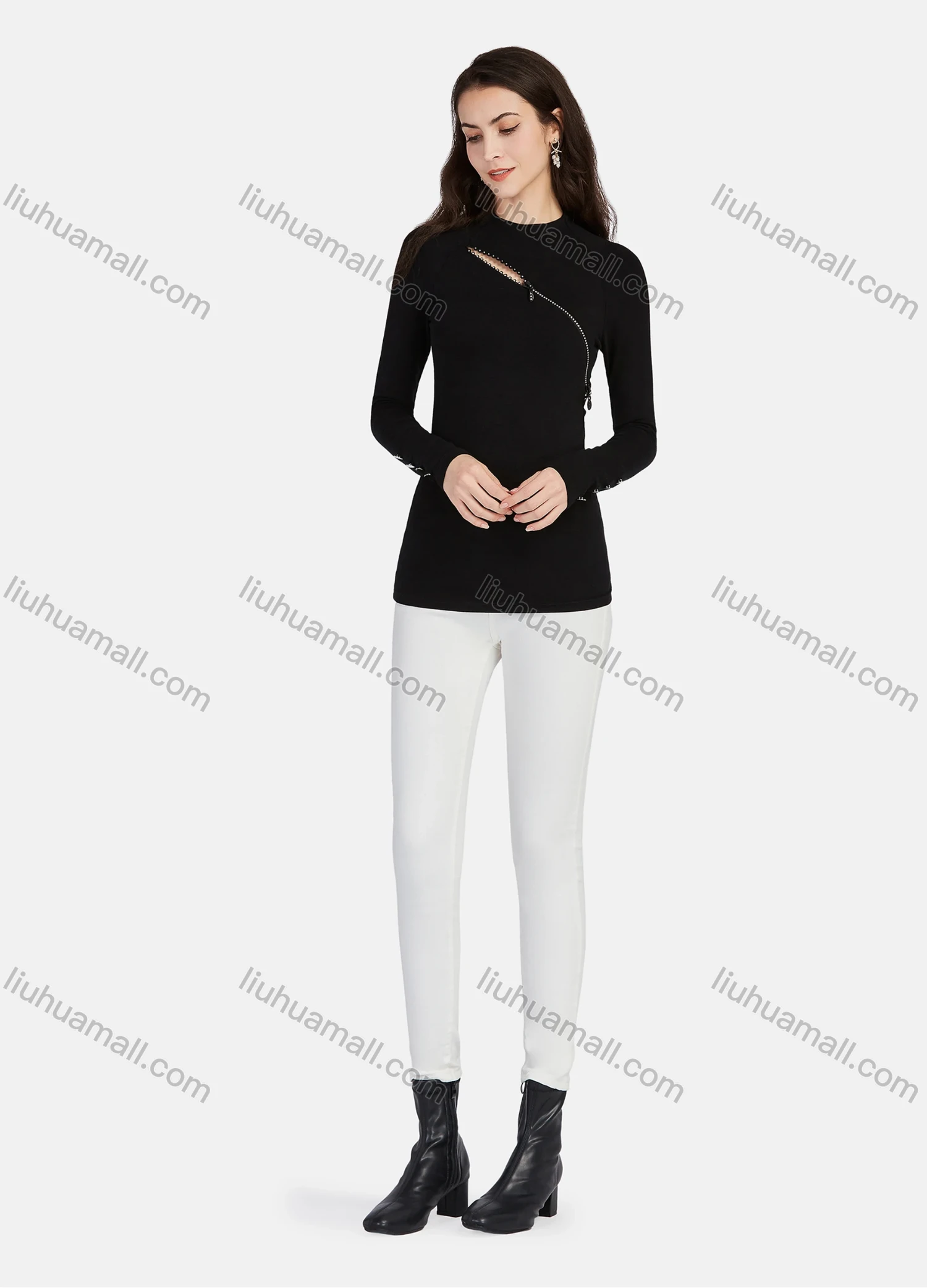 Wholesale Women's Plain Mock Neck Zip Long Sleeve Blouse - Liuhuamall